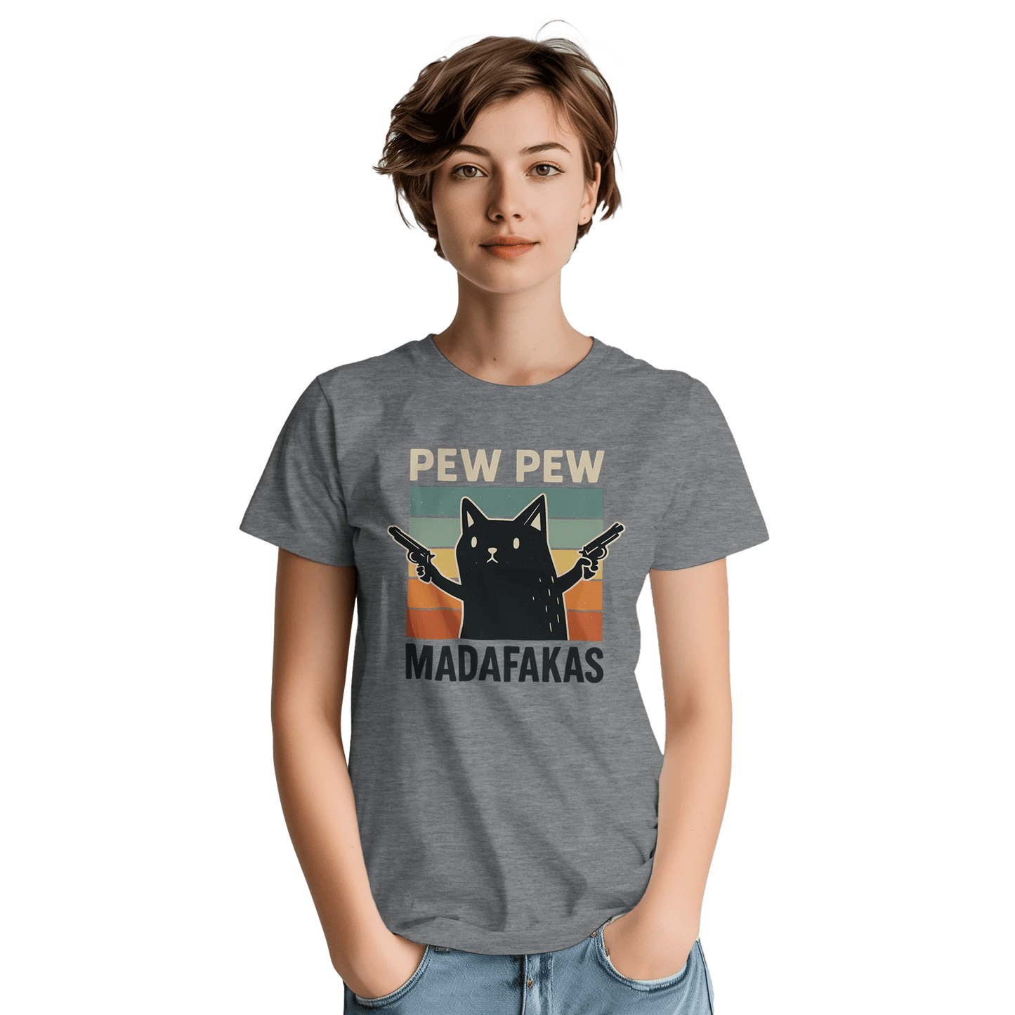 "Pew Pew Madafakas" – Funny Cat T-Shirt – Retro Meme Gun Cat Tee – Sarcastic Graphic Shirt Unisex (Sport Grey) - MildPrint.store