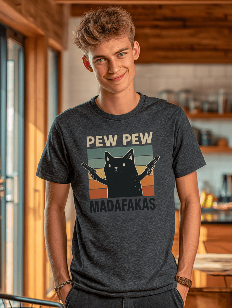 "Pew Pew Madafakas" – Funny Cat T-Shirt – Retro Meme Gun Cat Tee – Sarcastic Graphic Shirt Unisex (Sport Grey) - MildPrint.store