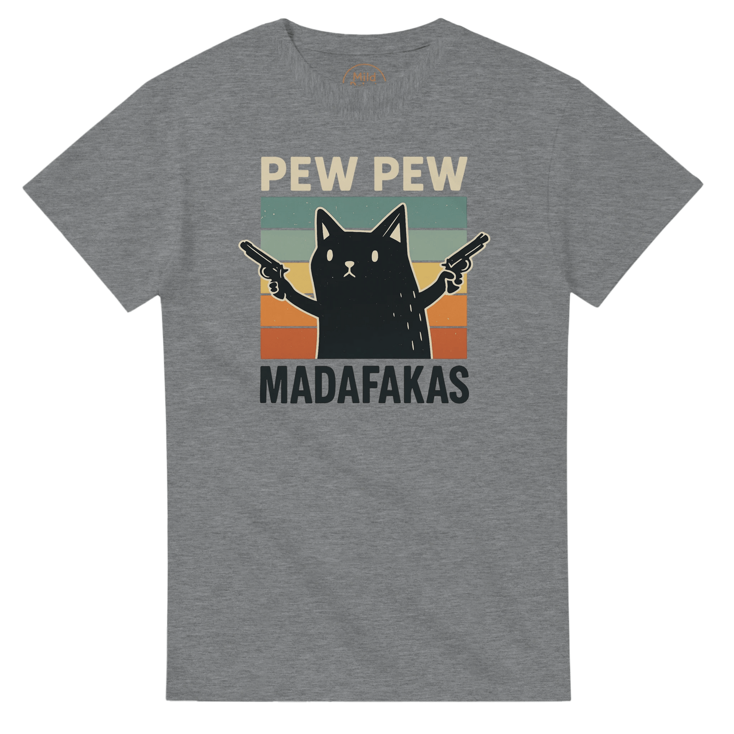 "Pew Pew Madafakas" – Funny Cat T-Shirt – Retro Meme Gun Cat Tee – Sarcastic Graphic Shirt Unisex (Sport Grey) - MildPrint.store