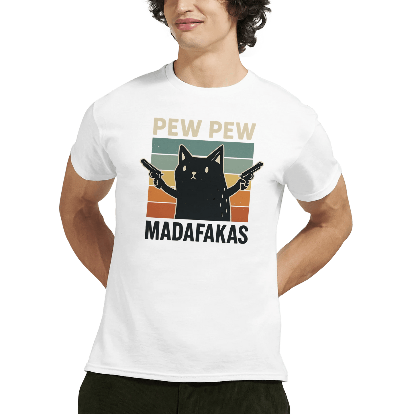"Pew Pew Madafakas" – Funny Cat T-Shirt – Retro Meme Gun Cat Tee – Sarcastic Graphic Shirt Unisex (White) - MildPrint.store
