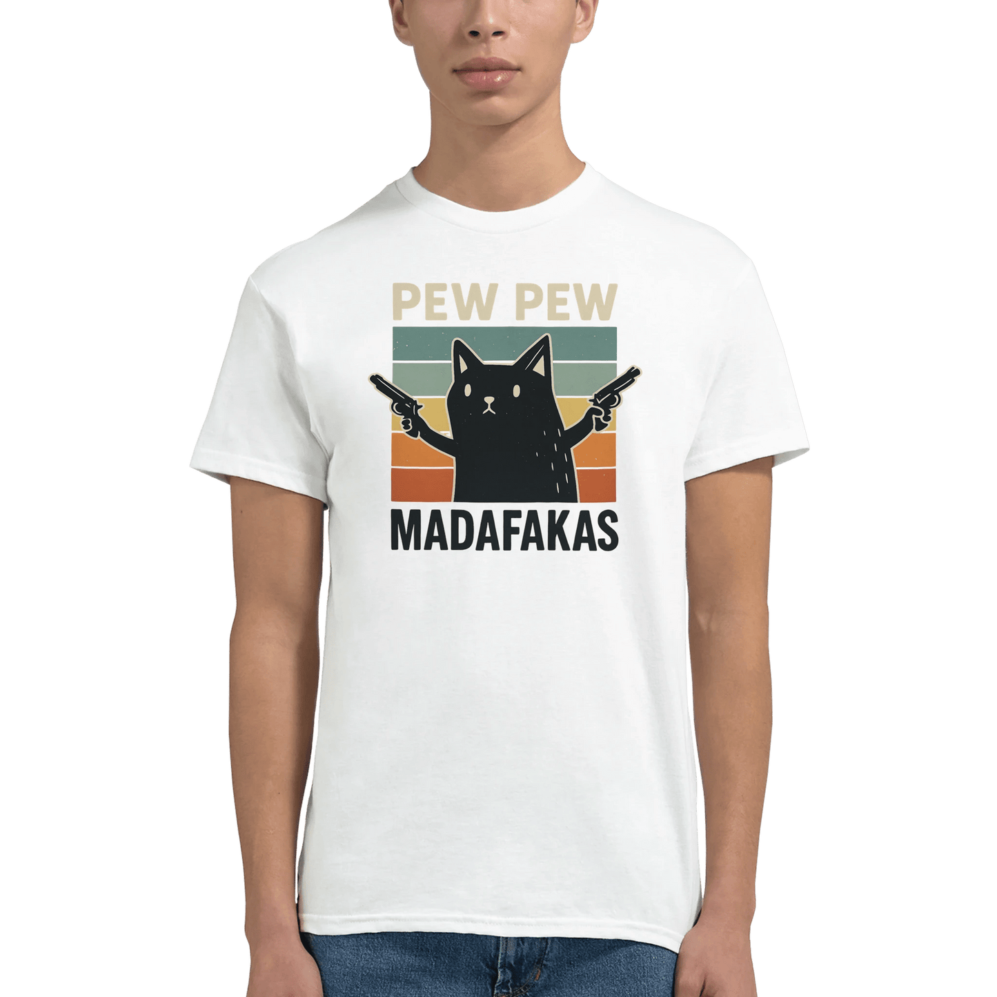 "Pew Pew Madafakas" – Funny Cat T-Shirt – Retro Meme Gun Cat Tee – Sarcastic Graphic Shirt Unisex (White) - MildPrint.store