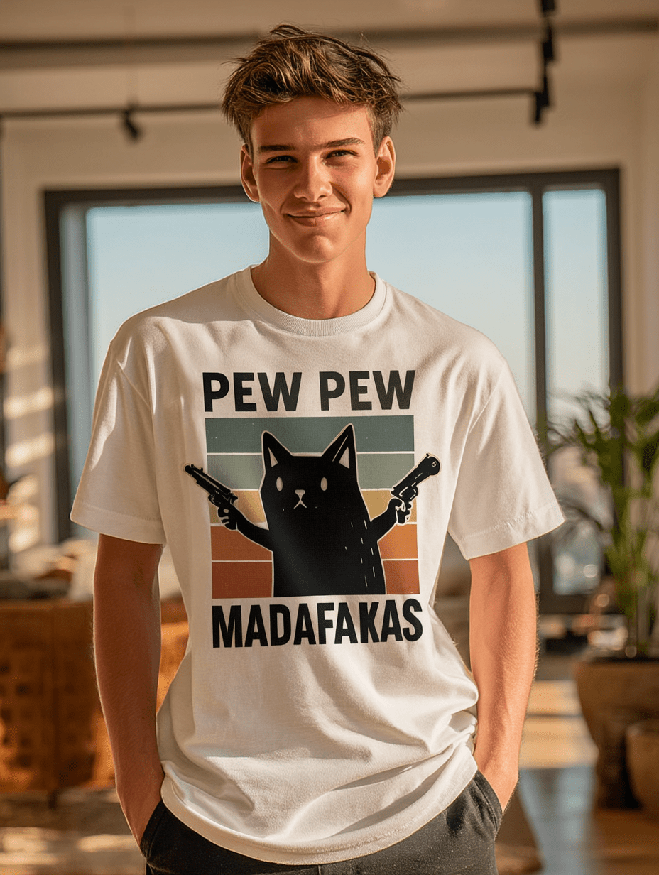 "Pew Pew Madafakas" – Funny Cat T-Shirt – Retro Meme Gun Cat Tee – Sarcastic Graphic Shirt Unisex (White) - MildPrint.store