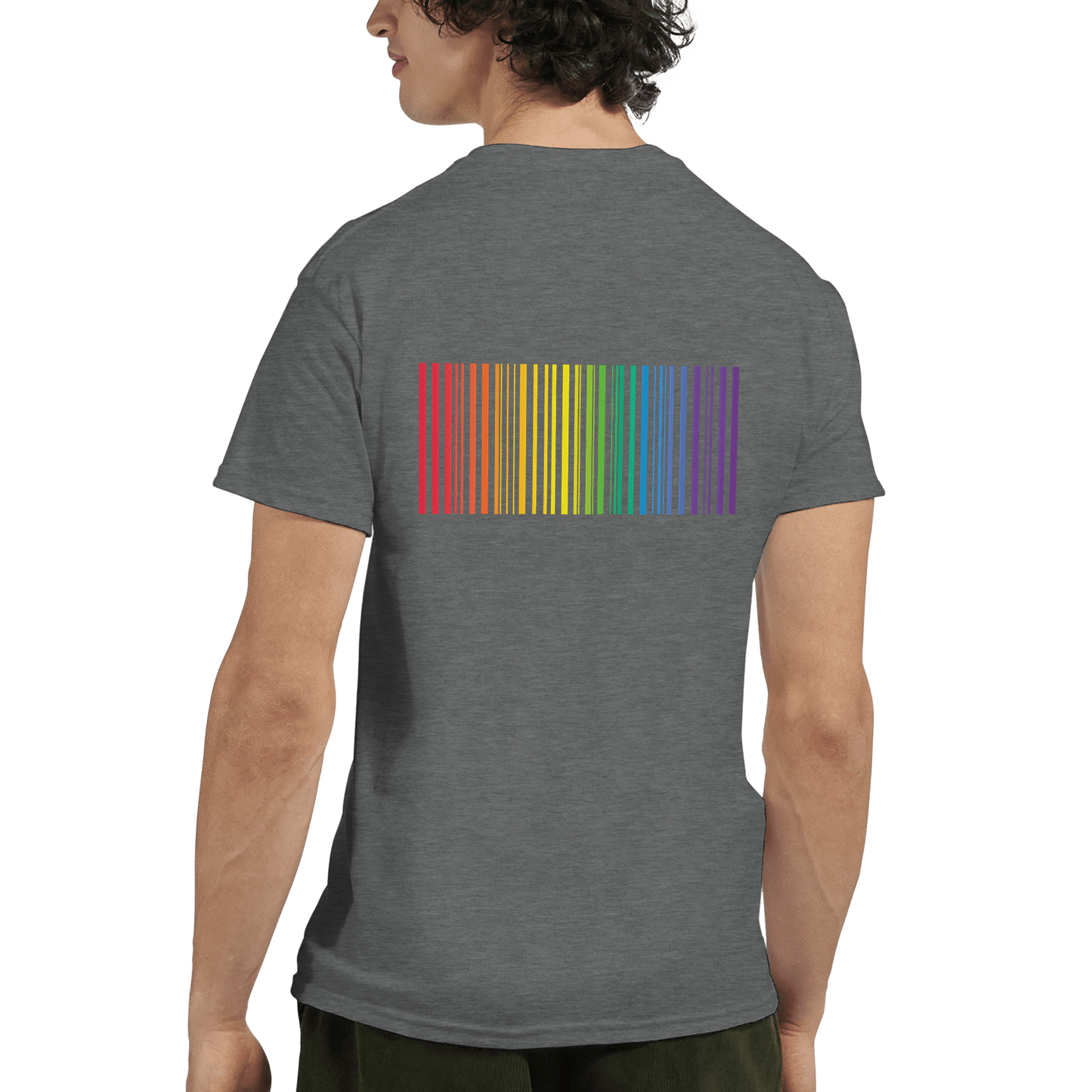 "Proud Identity" – Rainbow Fingerprint & Barcode T-Shirt – Double - Sided Pride Tee (Graphite Heather) - MildPrint.store