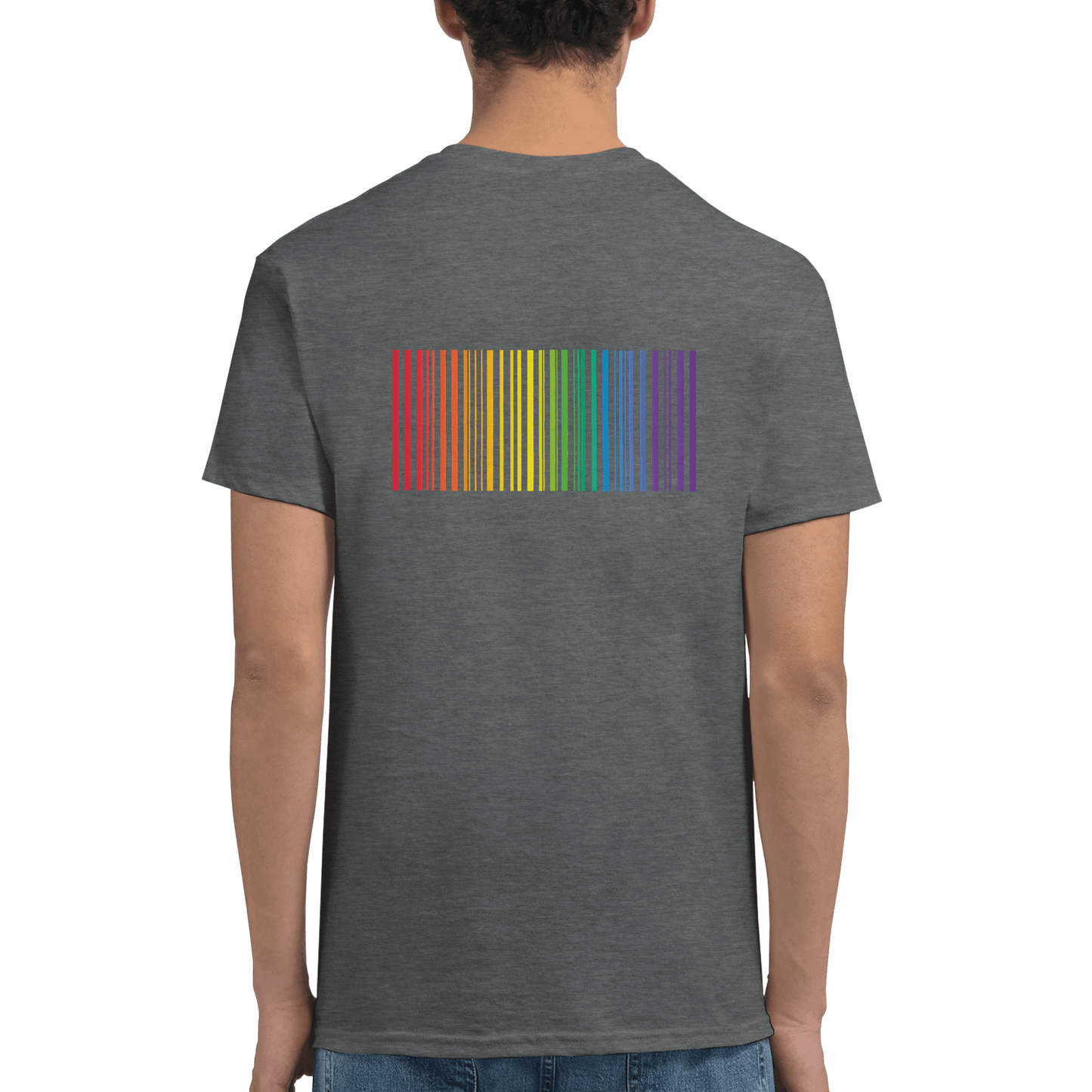 "Proud Identity" – Rainbow Fingerprint & Barcode T-Shirt – Double - Sided Pride Tee (Graphite Heather) - MildPrint.store