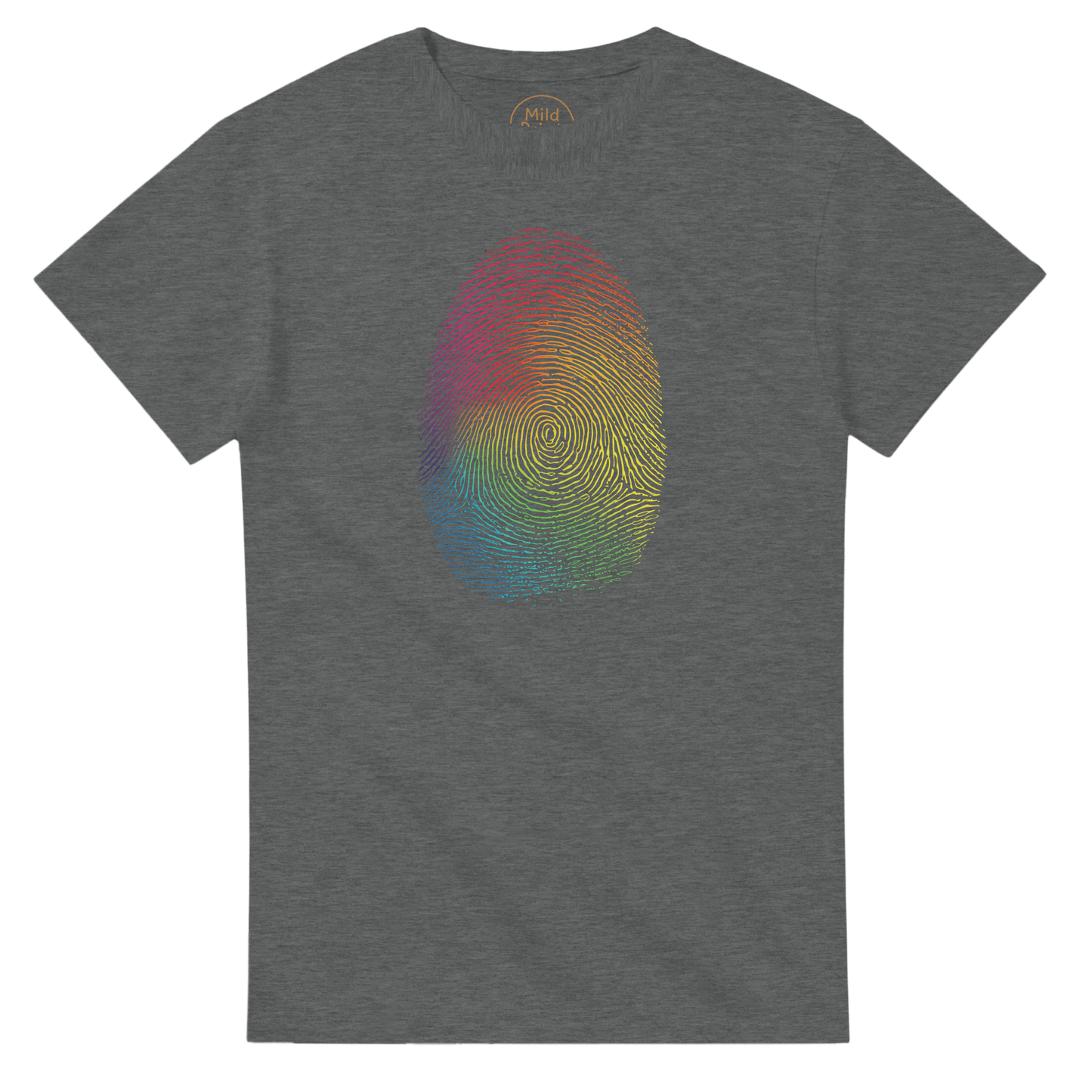 "Proud Identity" – Rainbow Fingerprint & Barcode T-Shirt – Double - Sided Pride Tee (Graphite Heather) - MildPrint.store