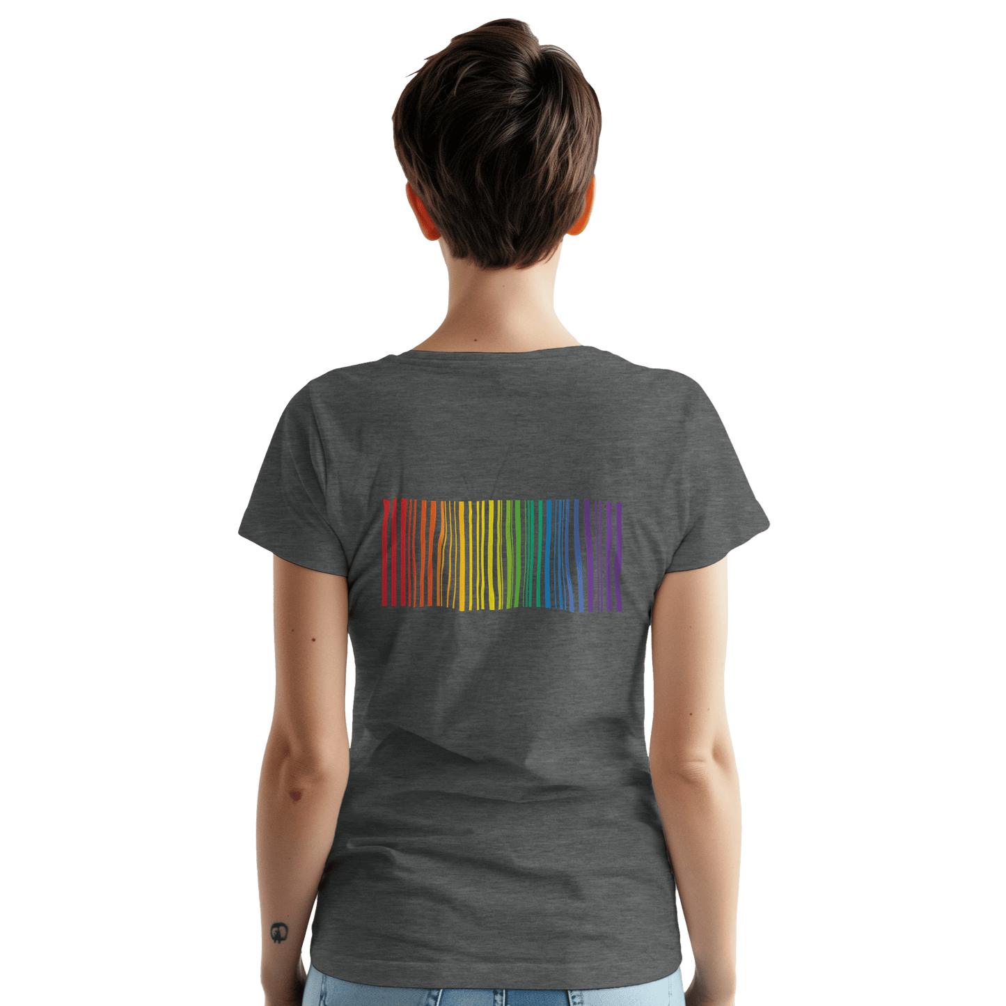 "Proud Identity" – Rainbow Fingerprint & Barcode T-Shirt – Double - Sided Pride Tee (Graphite Heather) - MildPrint.store
