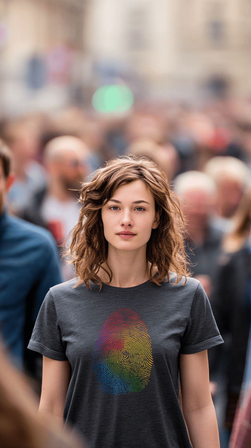 "Proud Identity" – Rainbow Fingerprint & Barcode T-Shirt – Double - Sided Pride Tee (Graphite Heather) - MildPrint.store