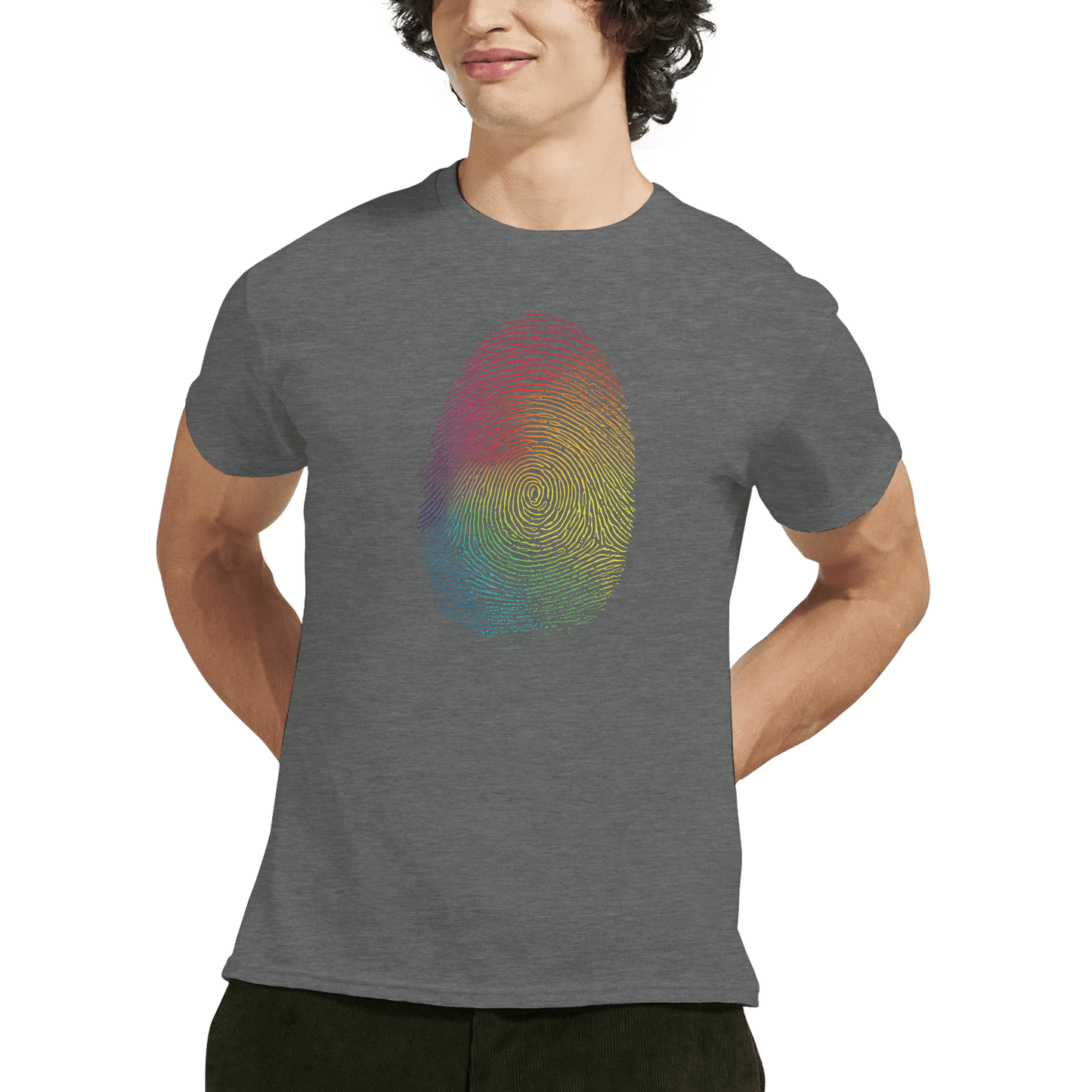 "Proud Identity" – Rainbow Fingerprint & Barcode T-Shirt – Double - Sided Pride Tee (Graphite Heather) - MildPrint.store