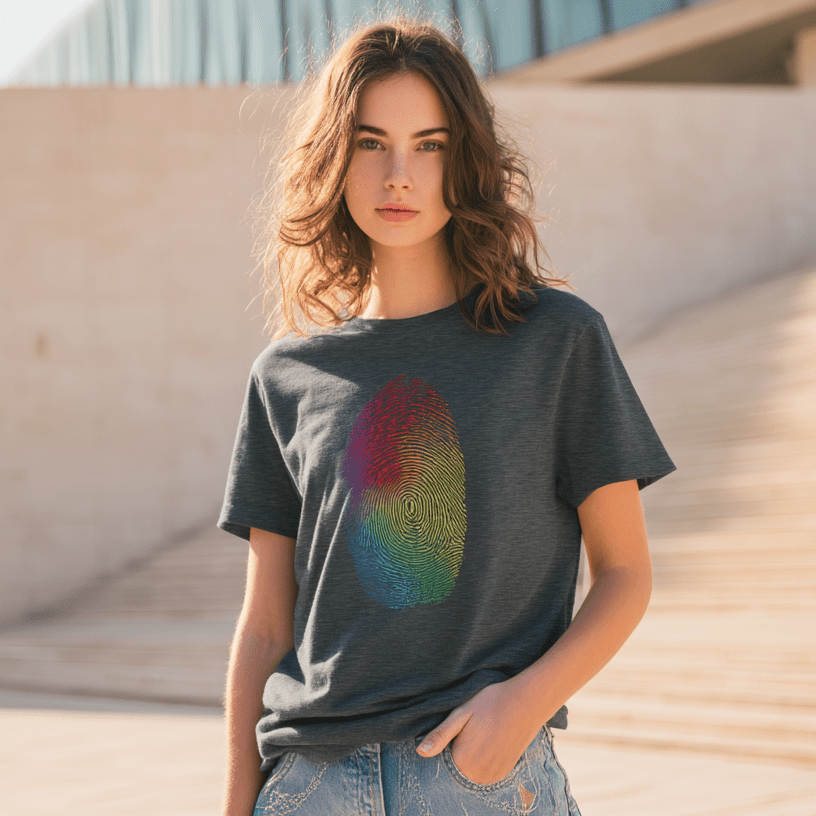 "Proud Identity" – Rainbow Fingerprint & Barcode T-Shirt – Double - Sided Pride Tee (Graphite Heather) - MildPrint.store