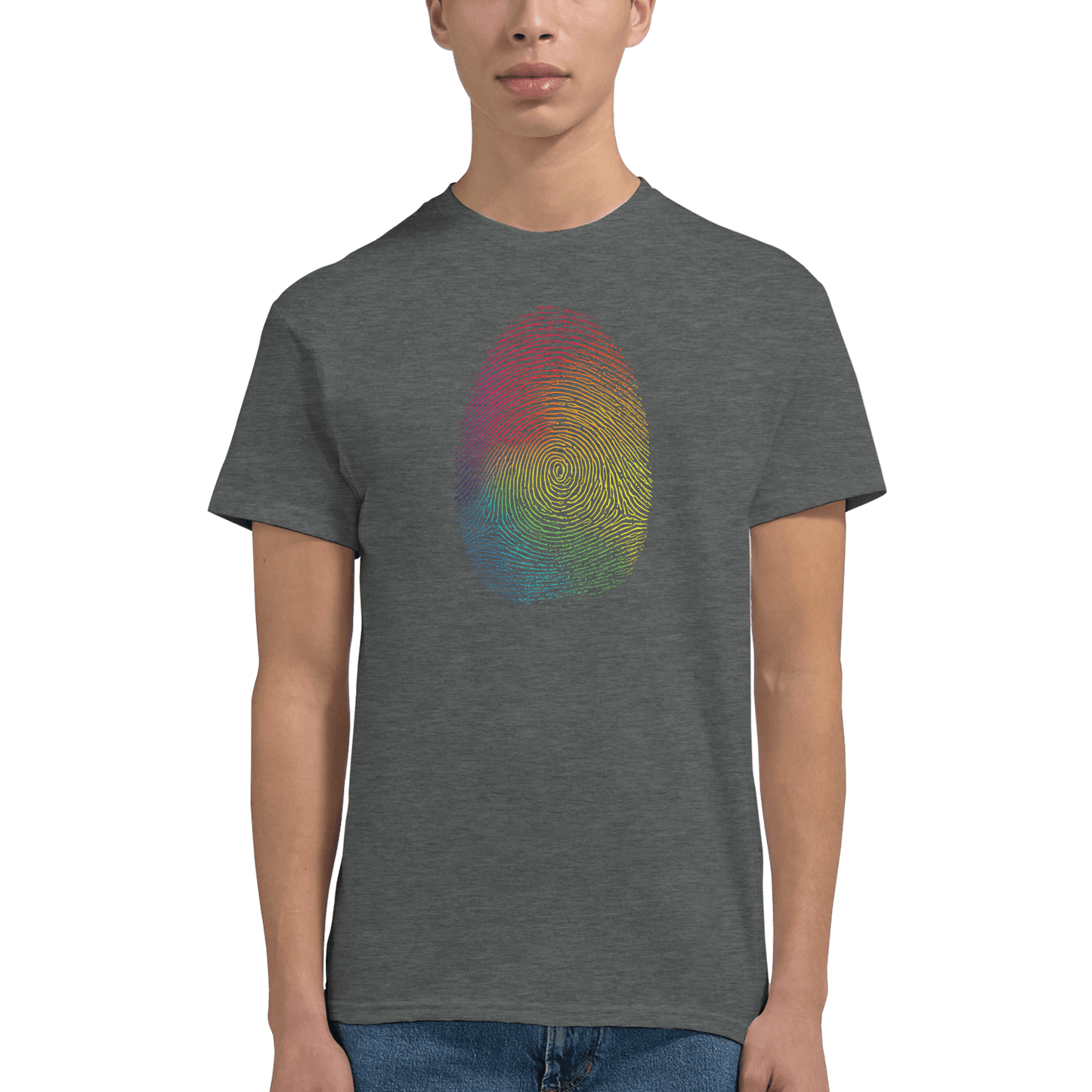 "Proud Identity" – Rainbow Fingerprint & Barcode T-Shirt – Double - Sided Pride Tee (Graphite Heather) - MildPrint.store