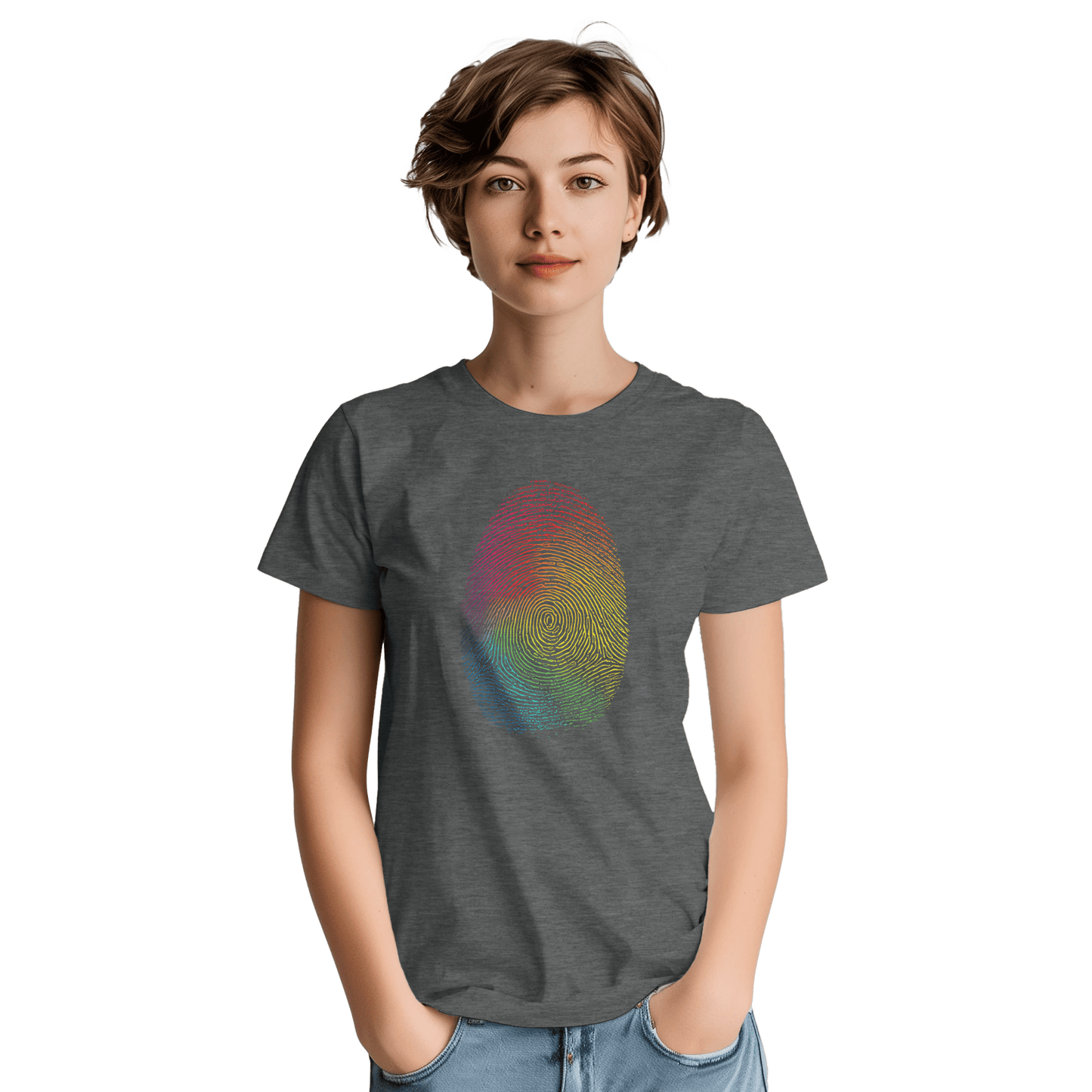 "Proud Identity" – Rainbow Fingerprint & Barcode T-Shirt – Double - Sided Pride Tee (Graphite Heather) - MildPrint.store