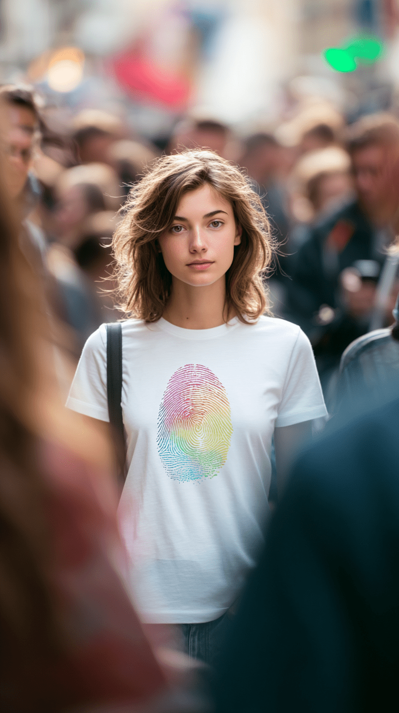 "Proud Identity" – Rainbow Fingerprint & Barcode T-Shirt – Double - Sided Pride Tee (White) - MildPrint.store