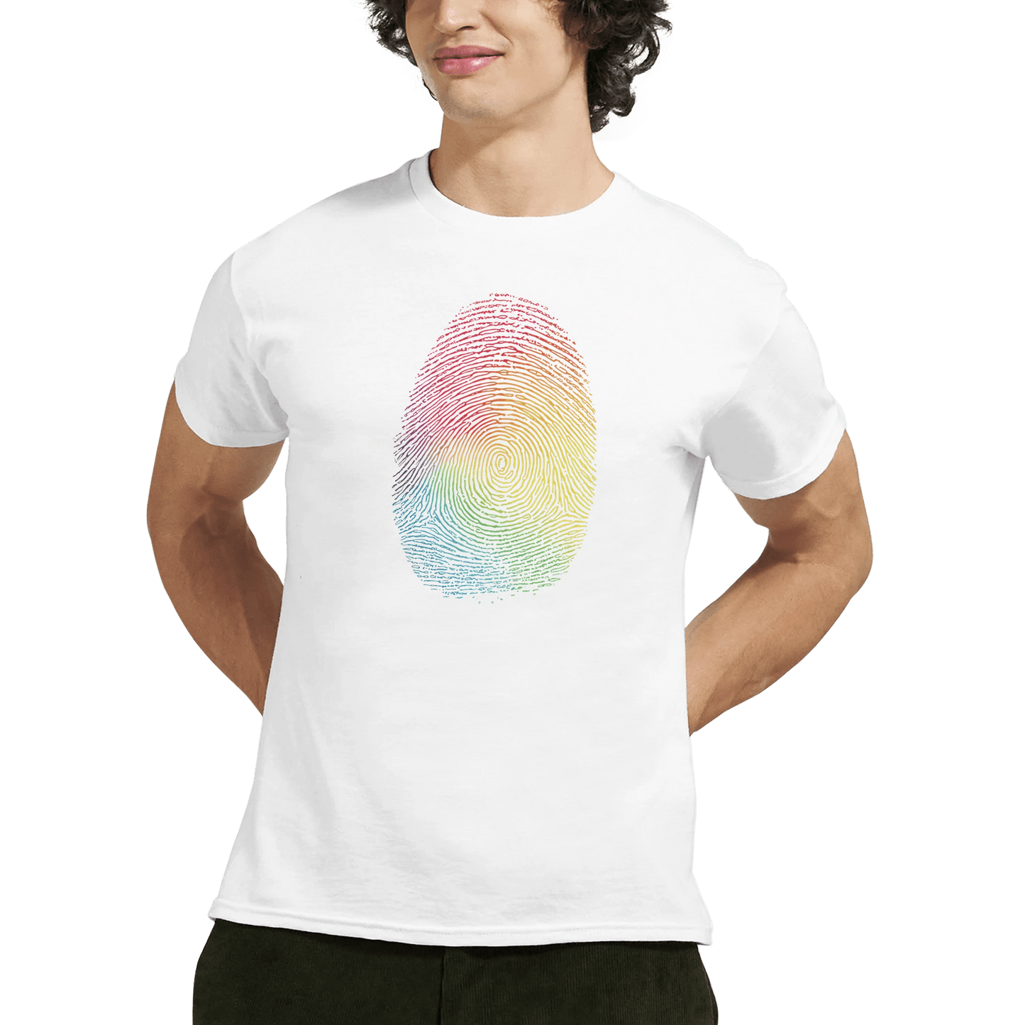 "Proud Identity" – Rainbow Fingerprint & Barcode T-Shirt – Double - Sided Pride Tee (White) - MildPrint.store