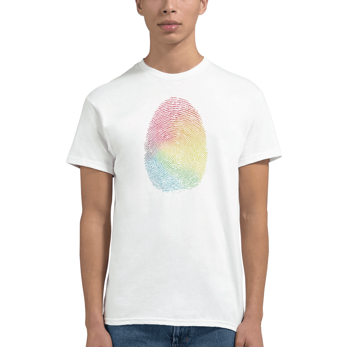 "Proud Identity" – Rainbow Fingerprint & Barcode T-Shirt – Double - Sided Pride Tee (White) - MildPrint.store