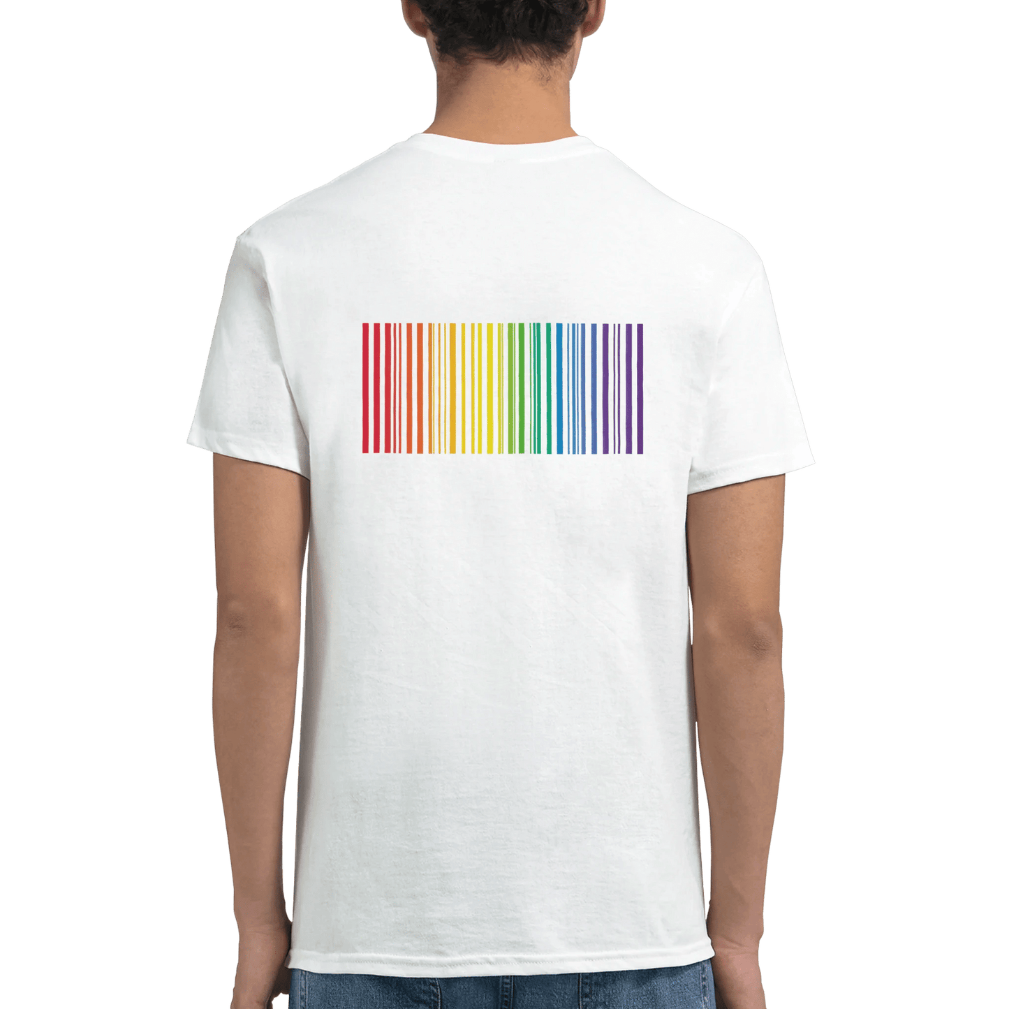 "Proud Identity" – Rainbow Fingerprint & Barcode T-Shirt – Double - Sided Pride Tee (White) - MildPrint.store