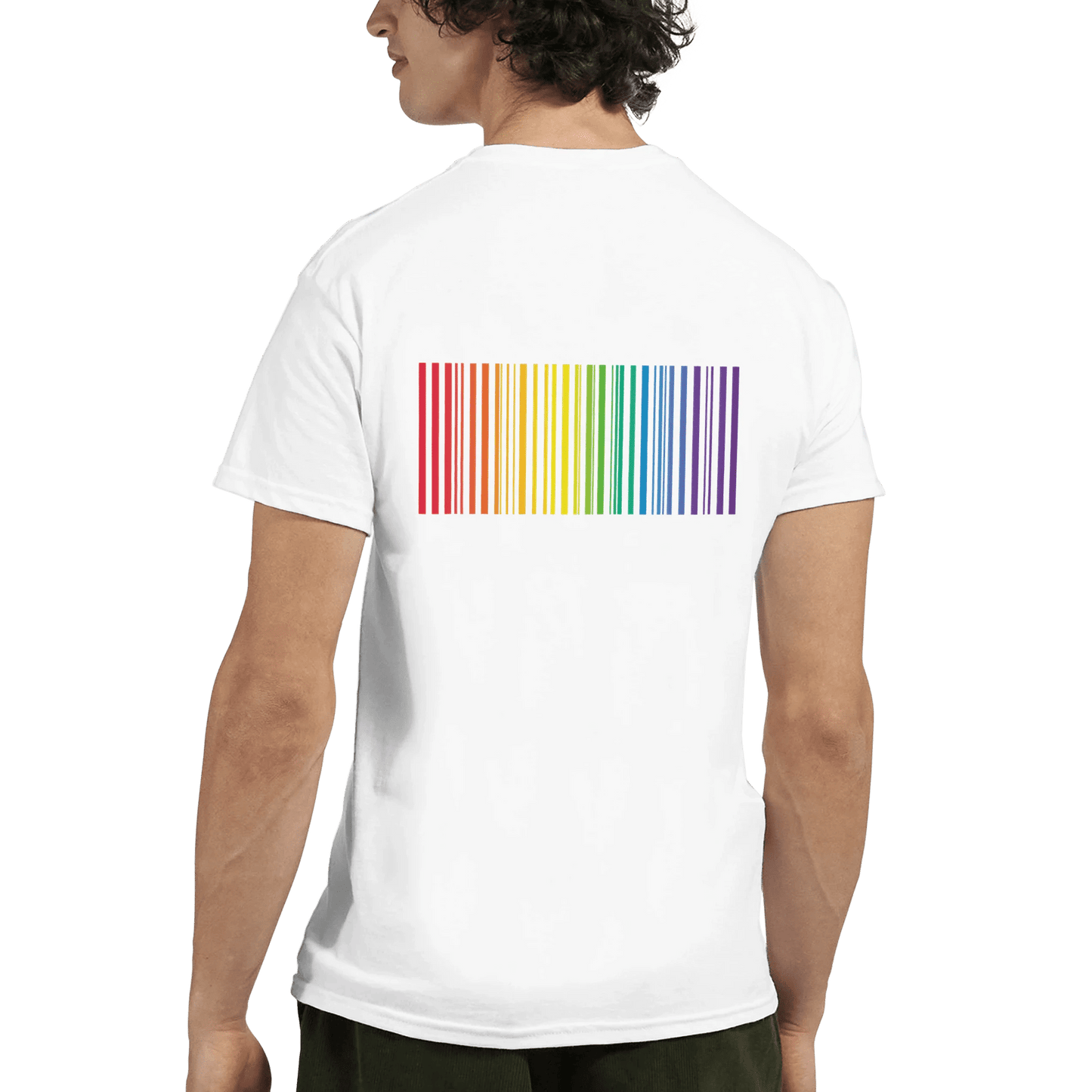"Proud Identity" – Rainbow Fingerprint & Barcode T-Shirt – Double - Sided Pride Tee (White) - MildPrint.store