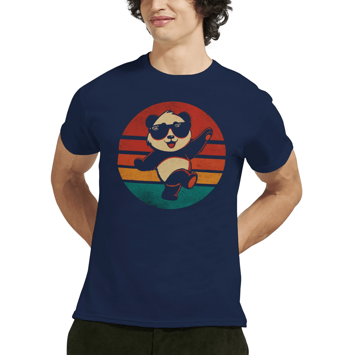 "Retro Disco Panda" – Funny Dancing Panda T-Shirt – Vintage Sunset Graphic Tee (Navy) - MildPrint.store