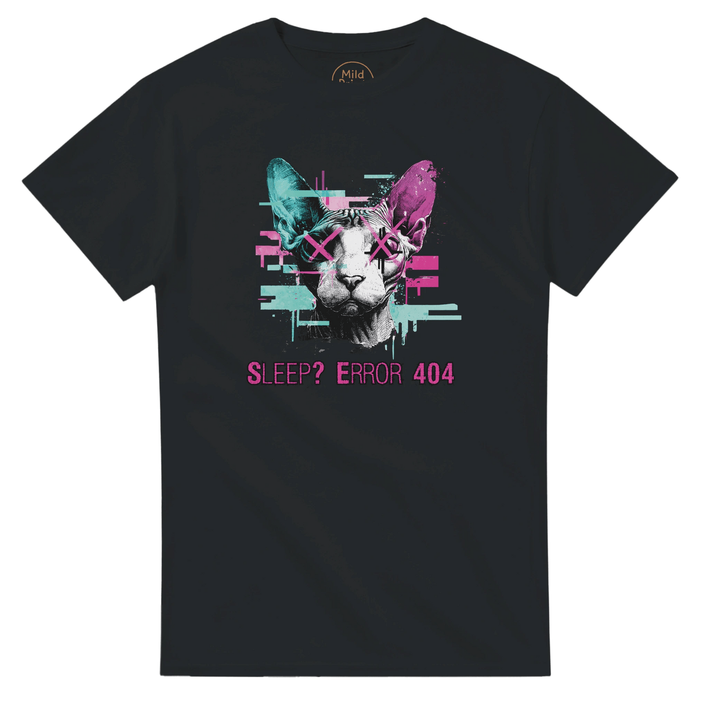 "Sleep? Error 404" – Glitch Cat T-Shirt – Cyberpunk Sphynx Meme Shirt – Funny Unisex Techwear Tee (Black) - MildPrint.store