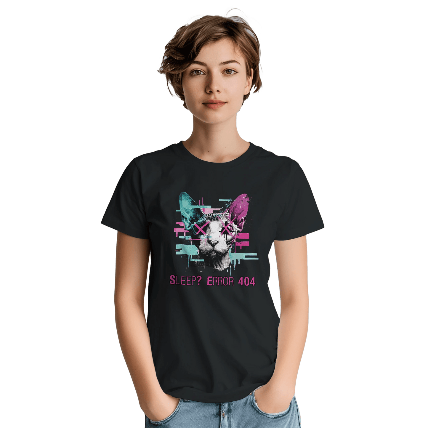 "Sleep? Error 404" – Glitch Cat T-Shirt – Cyberpunk Sphynx Meme Shirt – Funny Unisex Techwear Tee (Black) - MildPrint.store