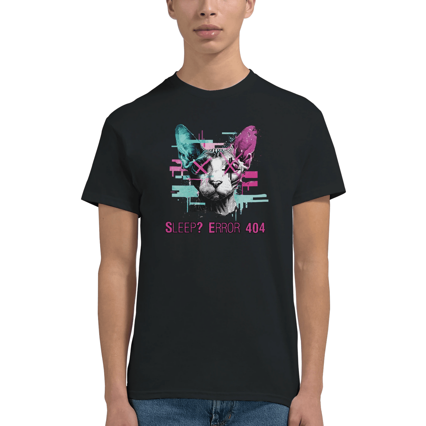 "Sleep? Error 404" – Glitch Cat T-Shirt – Cyberpunk Sphynx Meme Shirt – Funny Unisex Techwear Tee (Black) - MildPrint.store