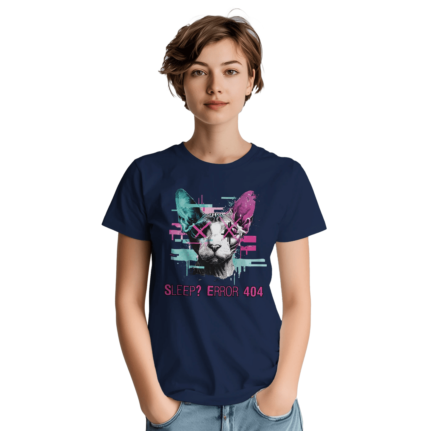 "Sleep? Error 404" – Glitch Cat T-Shirt – Cyberpunk Sphynx Meme Shirt – Funny Unisex Techwear Tee (Navy) - MildPrint.store