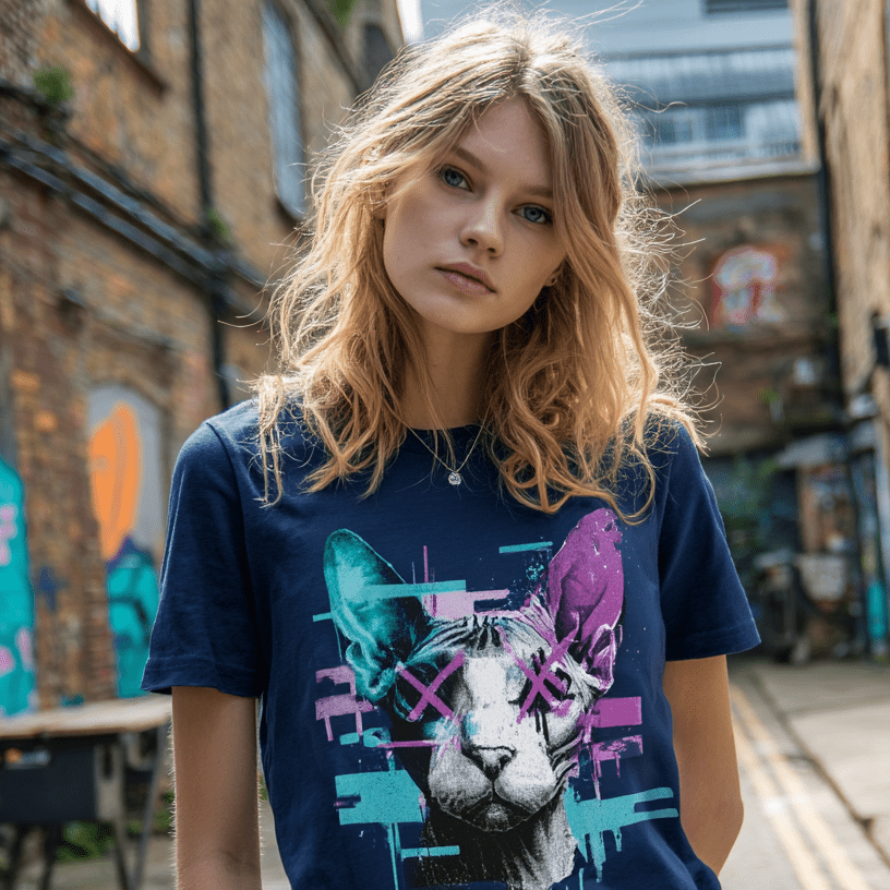 "Sleep? Error 404" – Glitch Cat T-Shirt – Cyberpunk Sphynx Meme Shirt – Funny Unisex Techwear Tee (Navy) - MildPrint.store