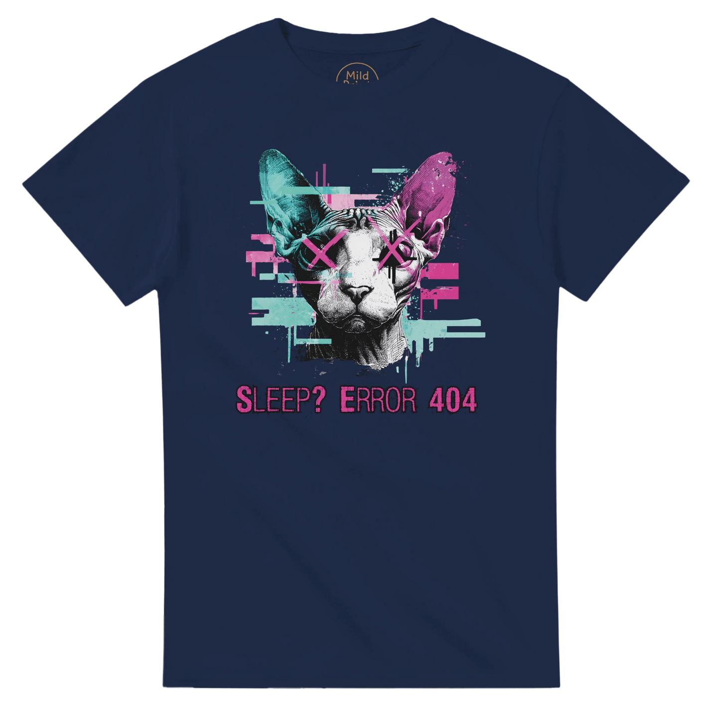 "Sleep? Error 404" – Glitch Cat T-Shirt – Cyberpunk Sphynx Meme Shirt – Funny Unisex Techwear Tee (Navy) - MildPrint.store