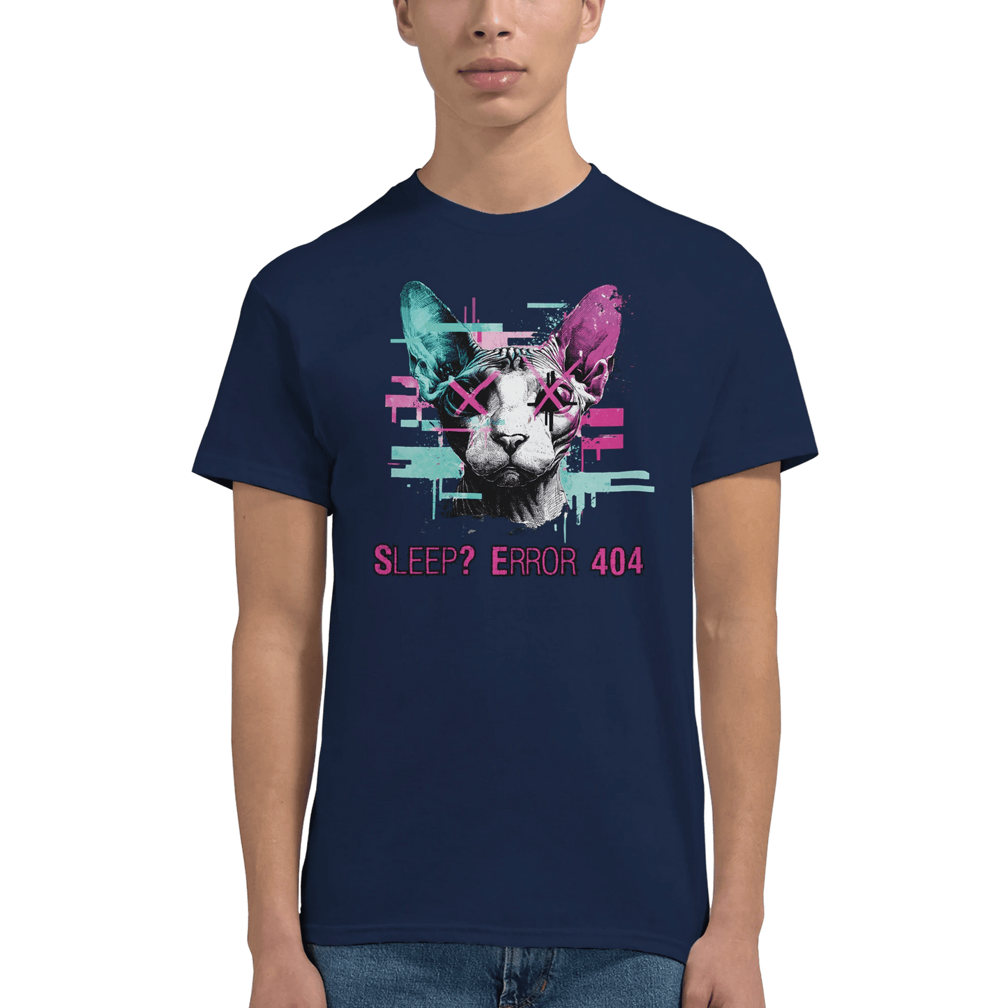 "Sleep? Error 404" – Glitch Cat T-Shirt – Cyberpunk Sphynx Meme Shirt – Funny Unisex Techwear Tee (Navy) - MildPrint.store
