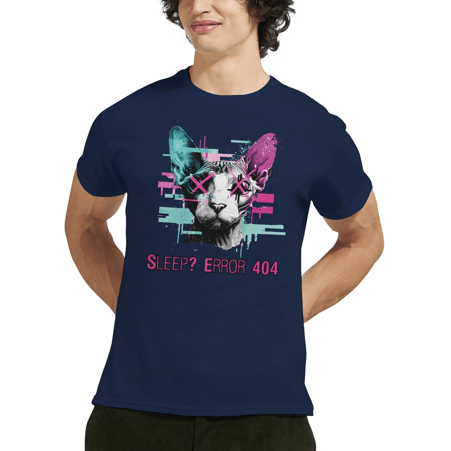 "Sleep? Error 404" – Glitch Cat T-Shirt – Cyberpunk Sphynx Meme Shirt – Funny Unisex Techwear Tee (Navy) - MildPrint.store