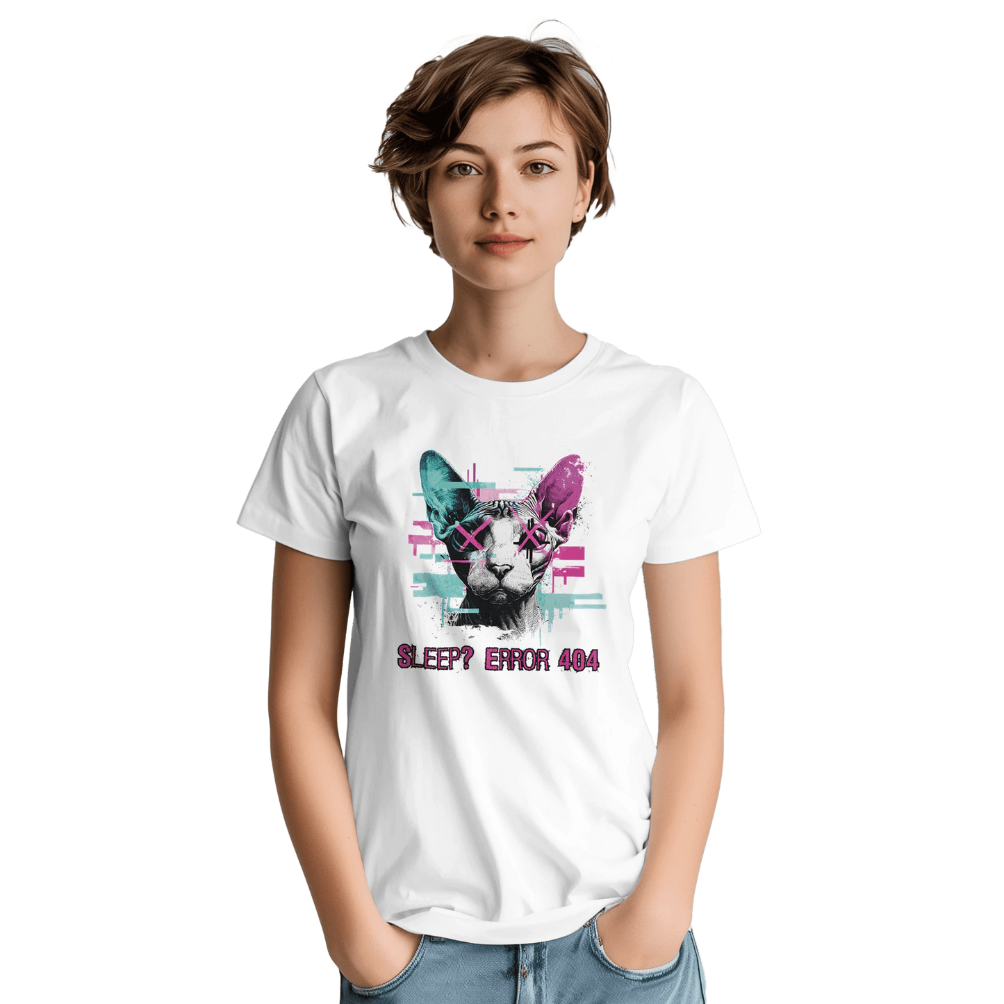"Sleep? Error 404" – Glitch Cat T-Shirt – Cyberpunk Sphynx Meme Shirt – Funny Unisex Techwear Tee (White) - MildPrint.store