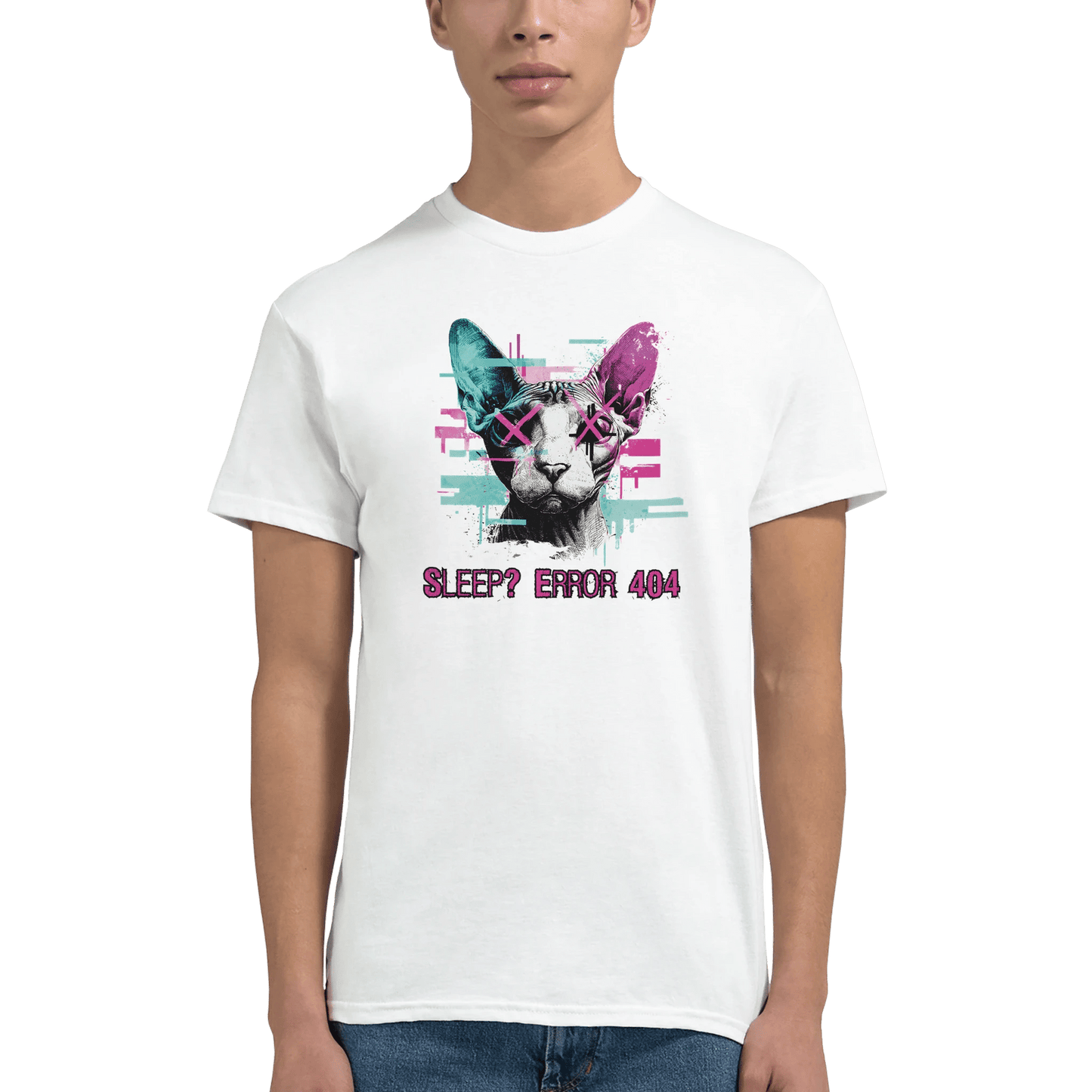 "Sleep? Error 404" – Glitch Cat T-Shirt – Cyberpunk Sphynx Meme Shirt – Funny Unisex Techwear Tee (White) - MildPrint.store
