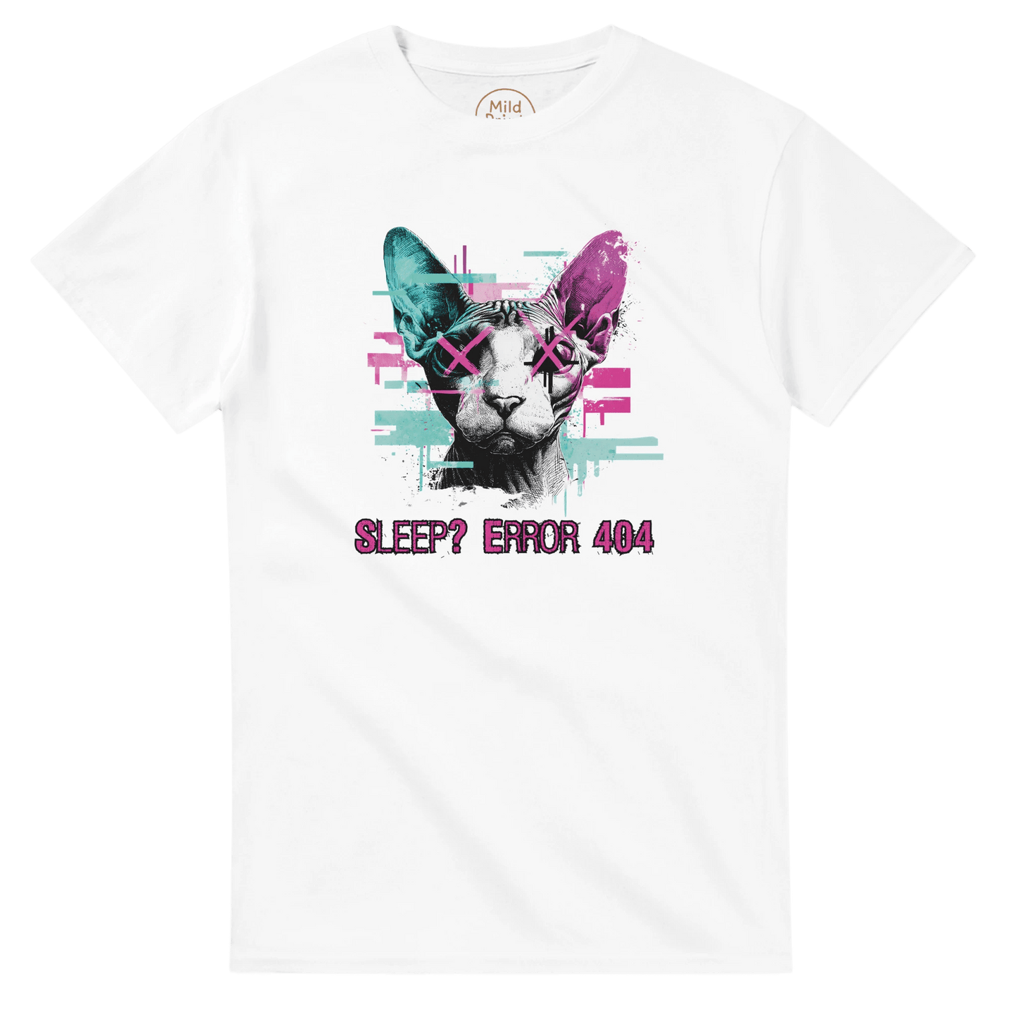 "Sleep? Error 404" – Glitch Cat T-Shirt – Cyberpunk Sphynx Meme Shirt – Funny Unisex Techwear Tee (White) - MildPrint.store