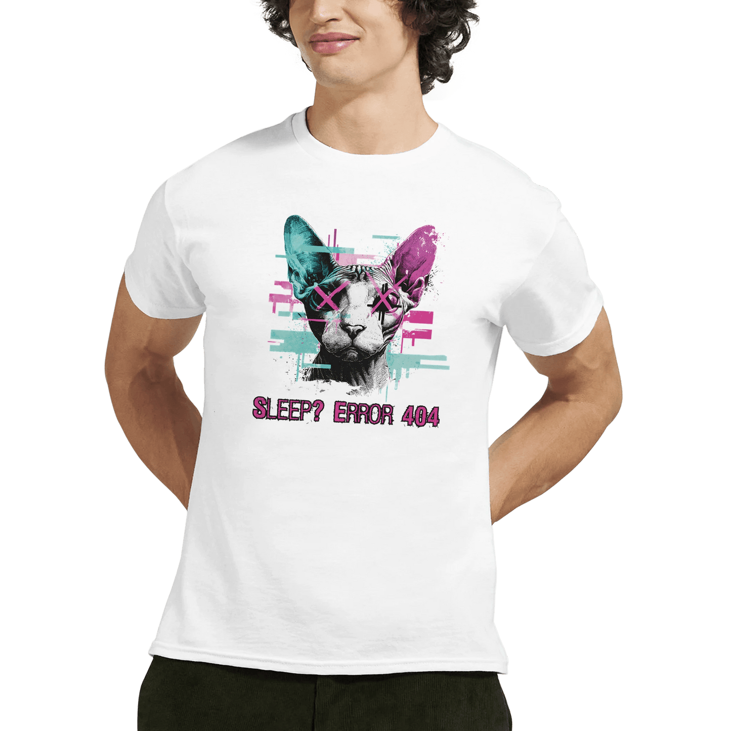 "Sleep? Error 404" – Glitch Cat T-Shirt – Cyberpunk Sphynx Meme Shirt – Funny Unisex Techwear Tee (White) - MildPrint.store