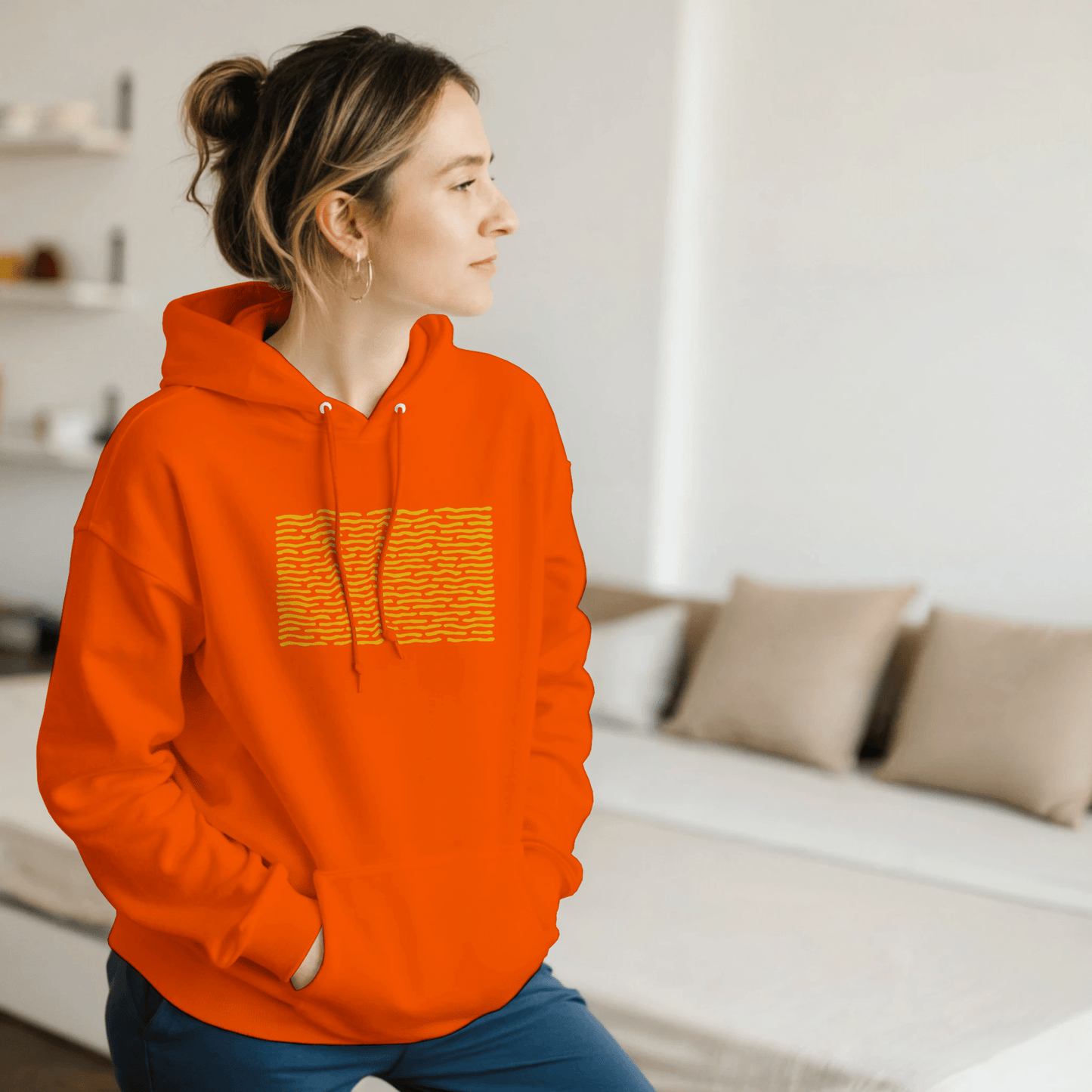 "Solar Code" – Orange Hoodie with Abstract Yellow Pattern - MildPrint.store
