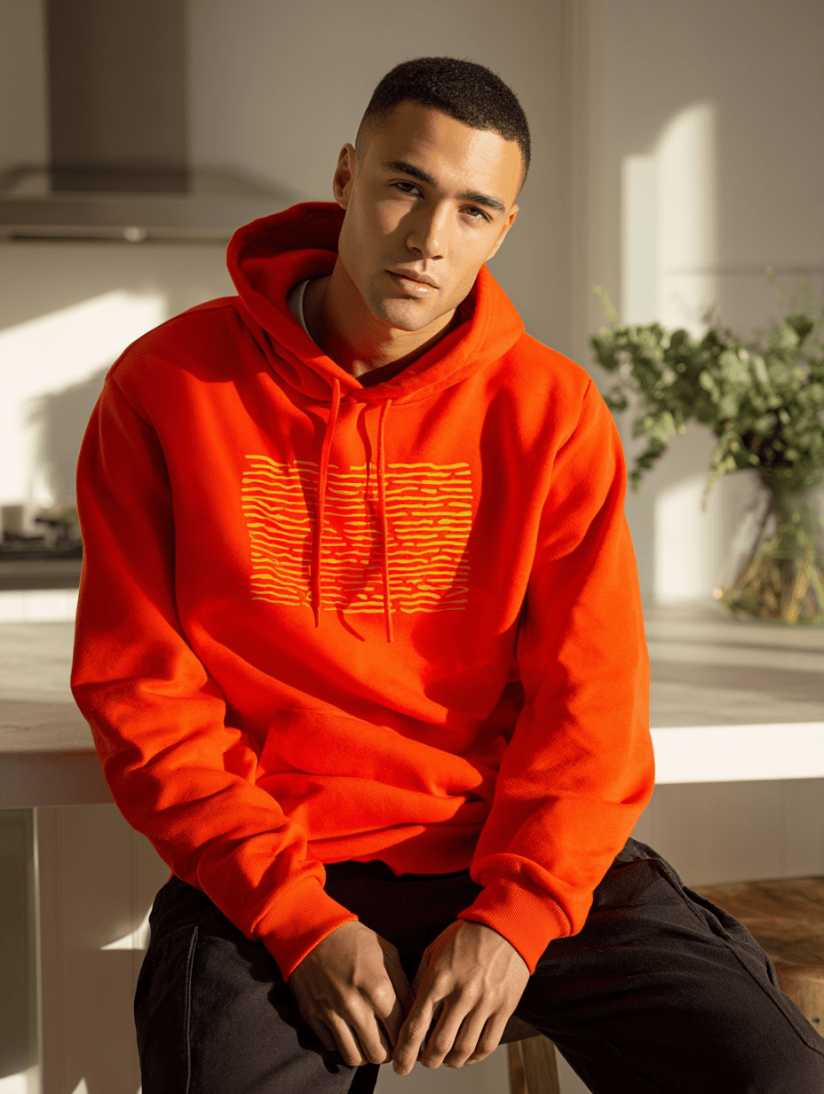 "Solar Code" – Orange Hoodie with Abstract Yellow Pattern - MildPrint.store