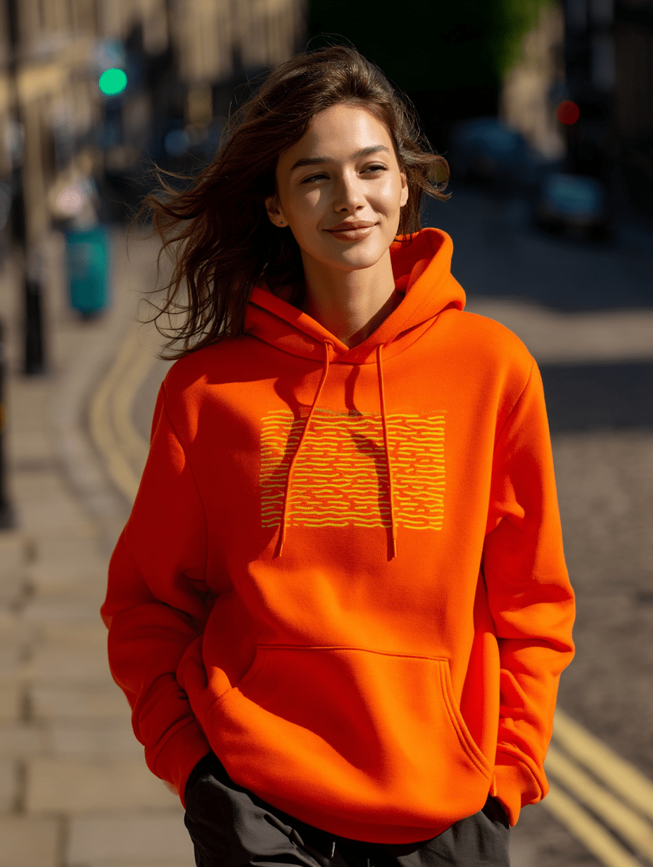 "Solar Code" – Orange Hoodie with Abstract Yellow Pattern - MildPrint.store