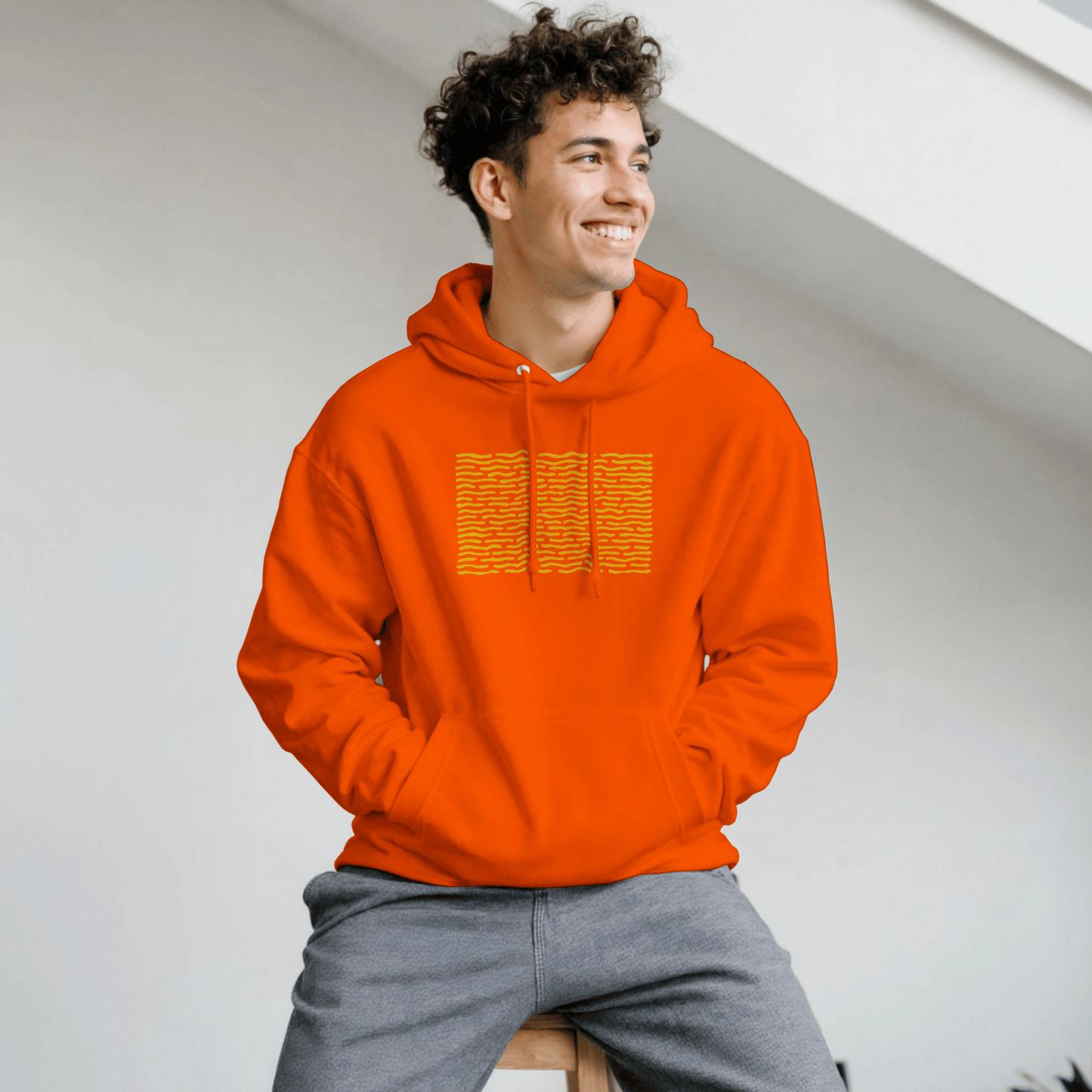"Solar Code" – Orange Hoodie with Abstract Yellow Pattern - MildPrint.store