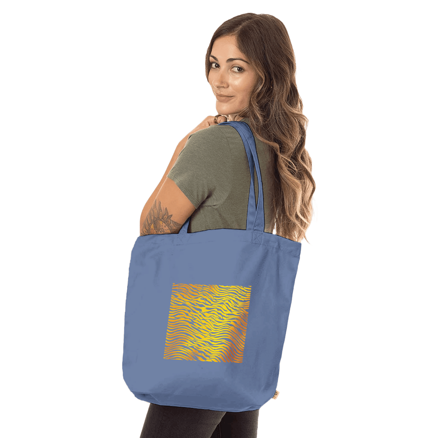 "Solar Lines Tote" – Organic Cotton Tote Bag with Abstract Yellow Wave Print - MildPrint.store