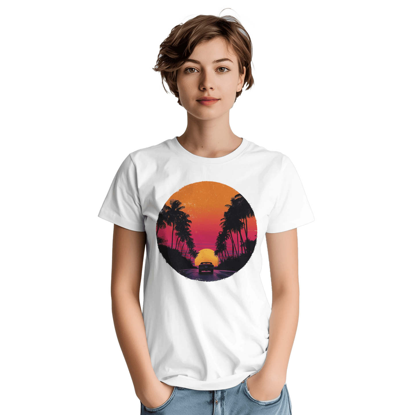 "Sunset Drive" – Retro Car & Palm Trees T-shirt - MildPrint.store