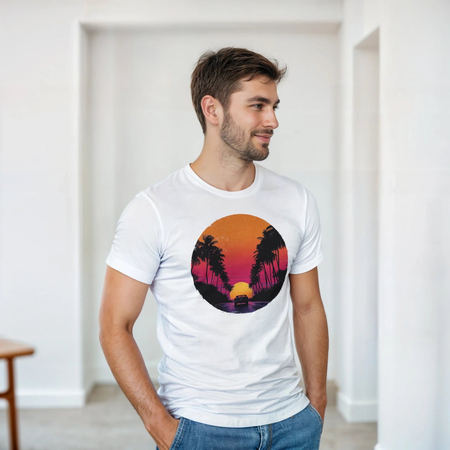 "Sunset Drive" – Retro Car & Palm Trees T-shirt - MildPrint.store