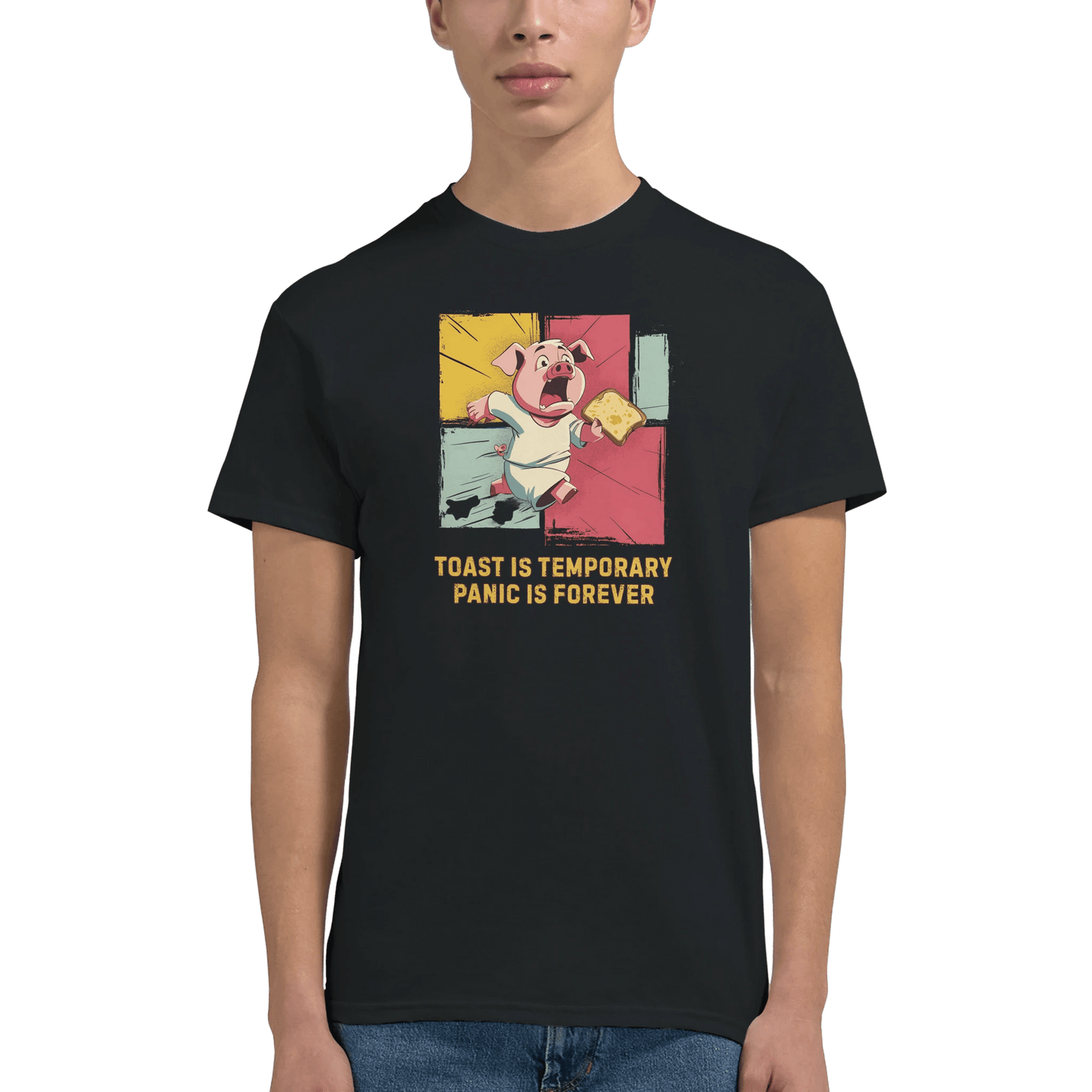 "Toast & Terror" – Funny Pig T-Shirt – Breakfast Anxiety Tee – Cartoon Unisex Graphic Shirt (Black) - MildPrint.store