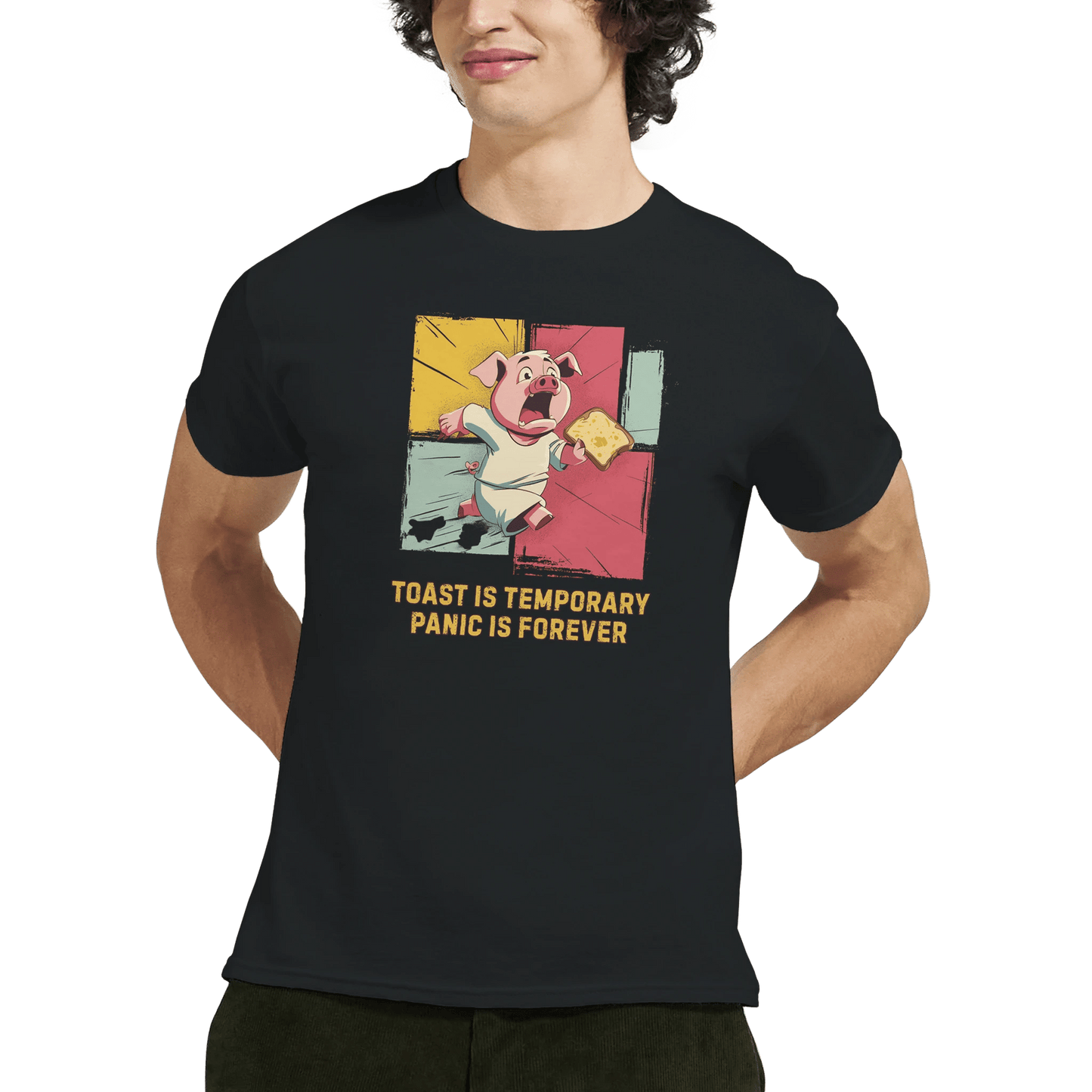 "Toast & Terror" – Funny Pig T-Shirt – Breakfast Anxiety Tee – Cartoon Unisex Graphic Shirt (Black) - MildPrint.store