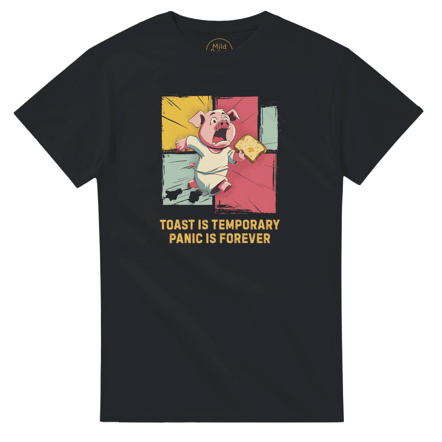 "Toast & Terror" – Funny Pig T-Shirt – Breakfast Anxiety Tee – Cartoon Unisex Graphic Shirt (Black) - MildPrint.store