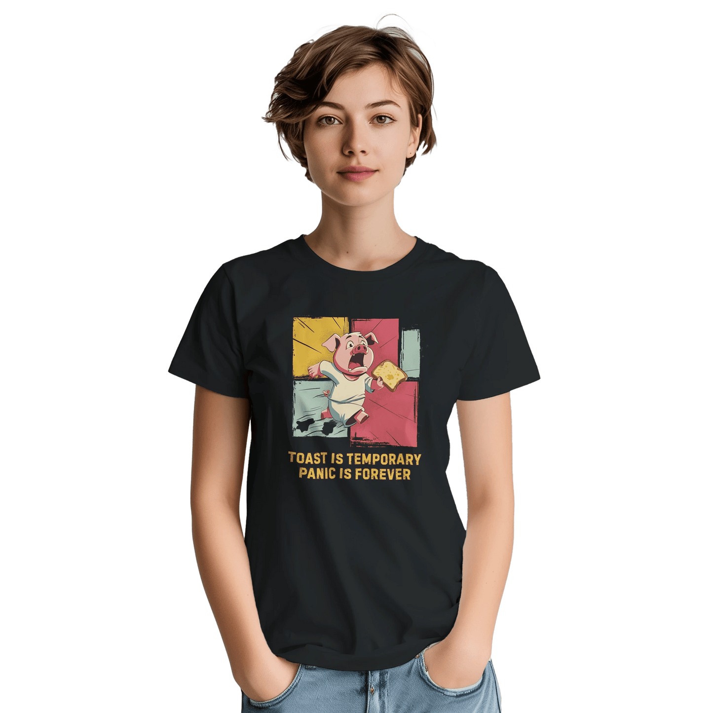 "Toast & Terror" – Funny Pig T-Shirt – Breakfast Anxiety Tee – Cartoon Unisex Graphic Shirt (Black) - MildPrint.store