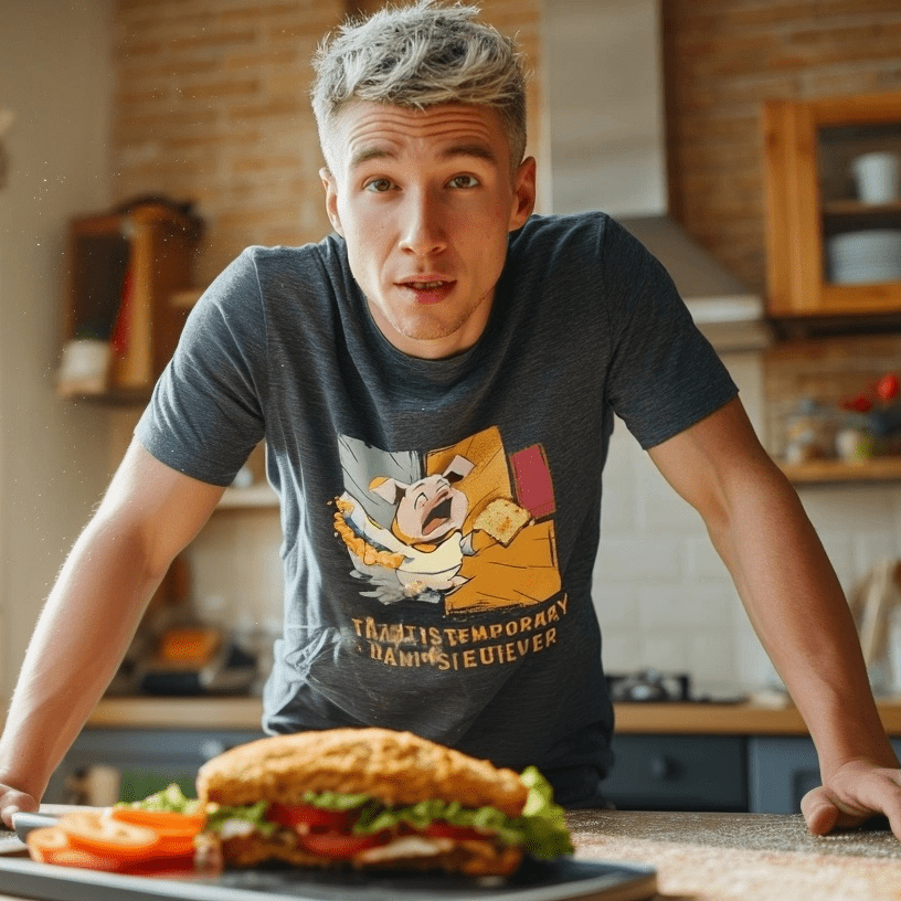 "Toast & Terror" – Funny Pig T-Shirt – Breakfast Anxiety Tee – Cartoon Unisex Graphic Shirt (Black) - MildPrint.store