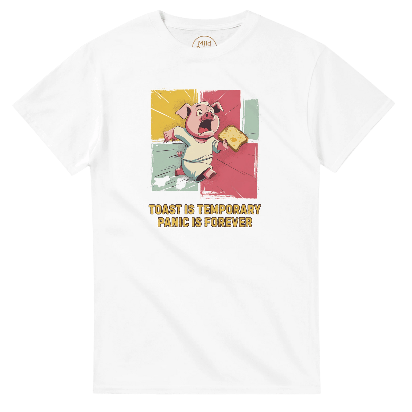"Toast & Terror" – Funny Pig T-Shirt – Breakfast Anxiety Tee – Cartoon Unisex Graphic Shirt (White) - MildPrint.store