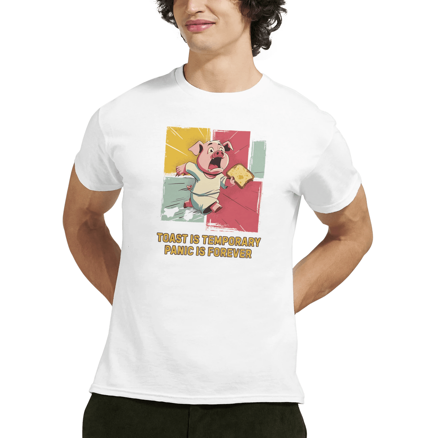 "Toast & Terror" – Funny Pig T-Shirt – Breakfast Anxiety Tee – Cartoon Unisex Graphic Shirt (White) - MildPrint.store