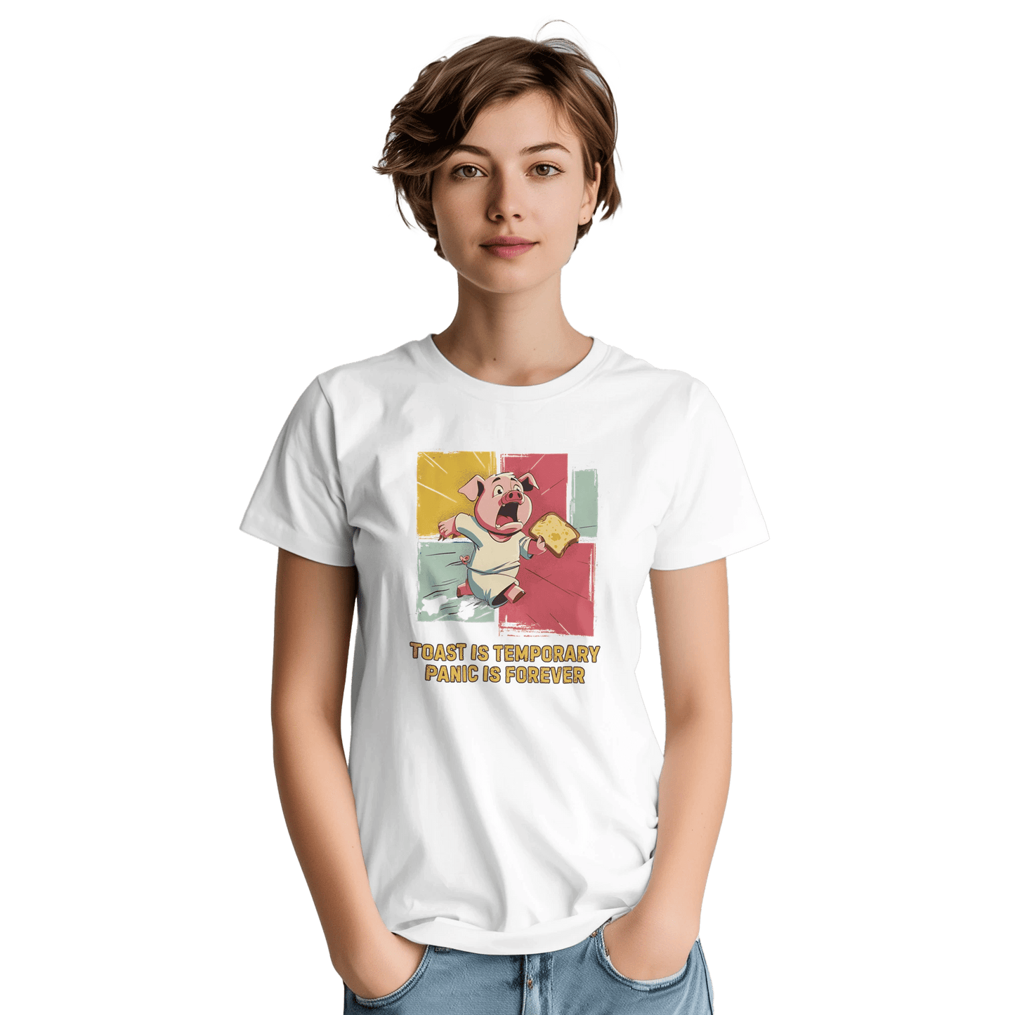 "Toast & Terror" – Funny Pig T-Shirt – Breakfast Anxiety Tee – Cartoon Unisex Graphic Shirt (White) - MildPrint.store