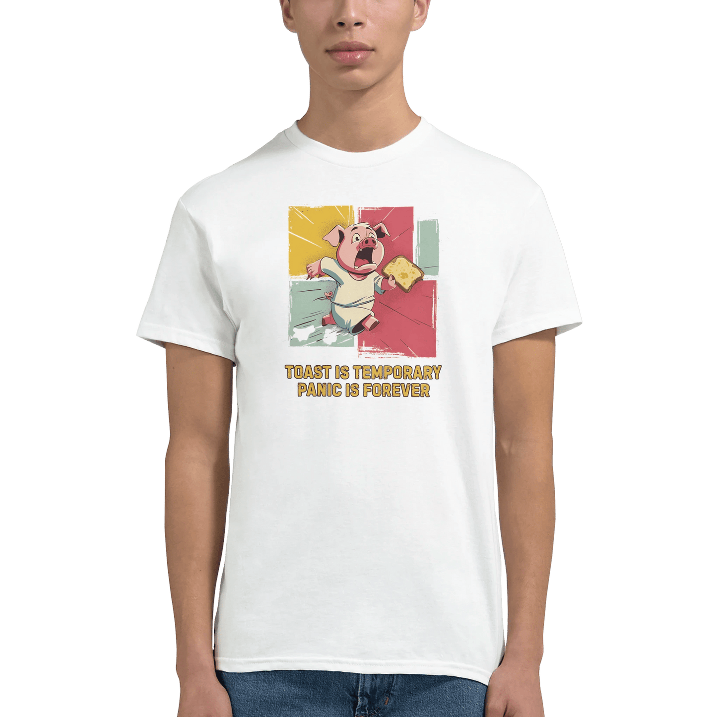 "Toast & Terror" – Funny Pig T-Shirt – Breakfast Anxiety Tee – Cartoon Unisex Graphic Shirt (White) - MildPrint.store