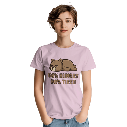 "50% Hungry, 50% Tired" – Lazy Bear T-Shirt – Funny Mood Tee – Cute Unisex Graphic Shirt for Everyday Struggle (Light Pink) - MildPrint.store